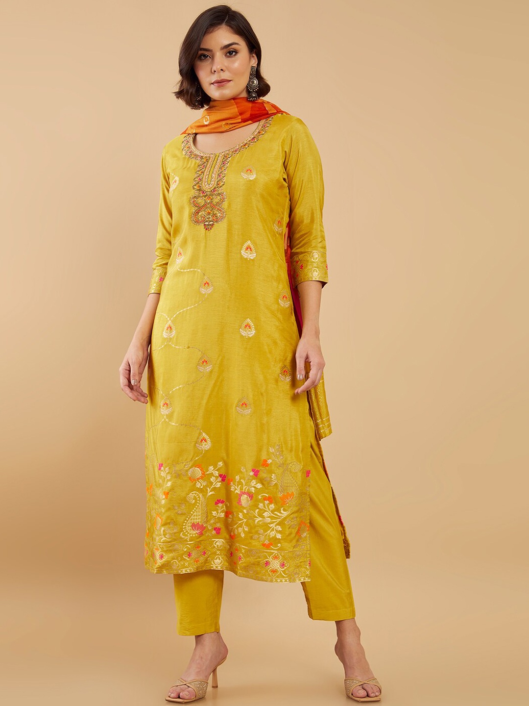 

Soch Women Mustard Yellow Floral Embroidered Kurta With Trousers & Dupatta