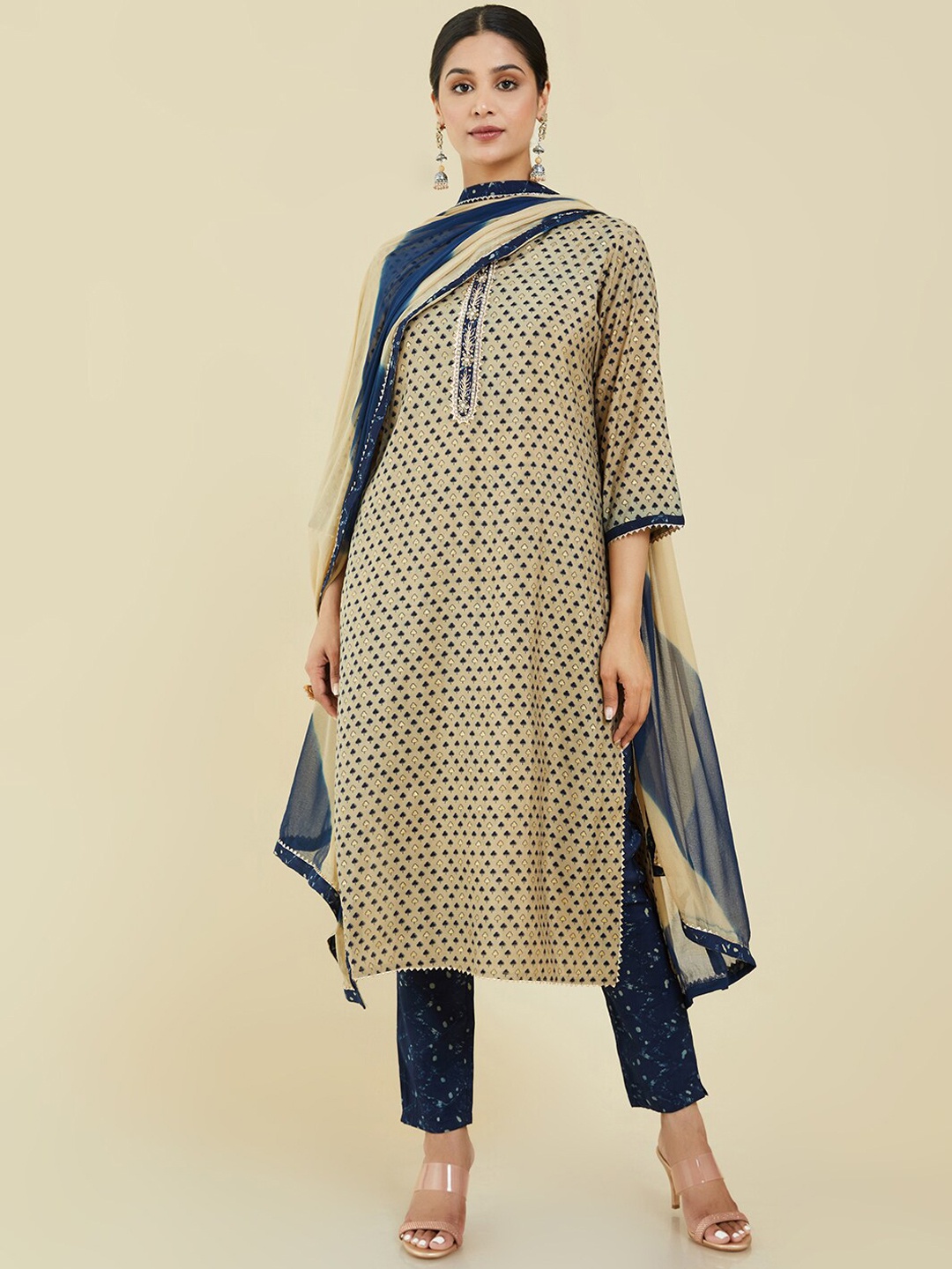 

Soch Women Beige Ethnic Motifs Printed Gotta Patti Kurta With Trousers & Dupatta