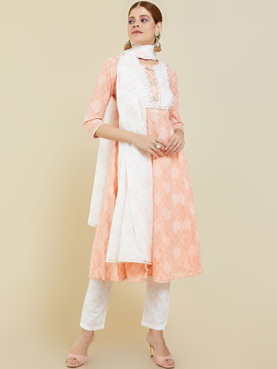 

Soch Women Peach Floral Printed Gotta Patti Pure Cotton Kurta With Trousers & Dupatta