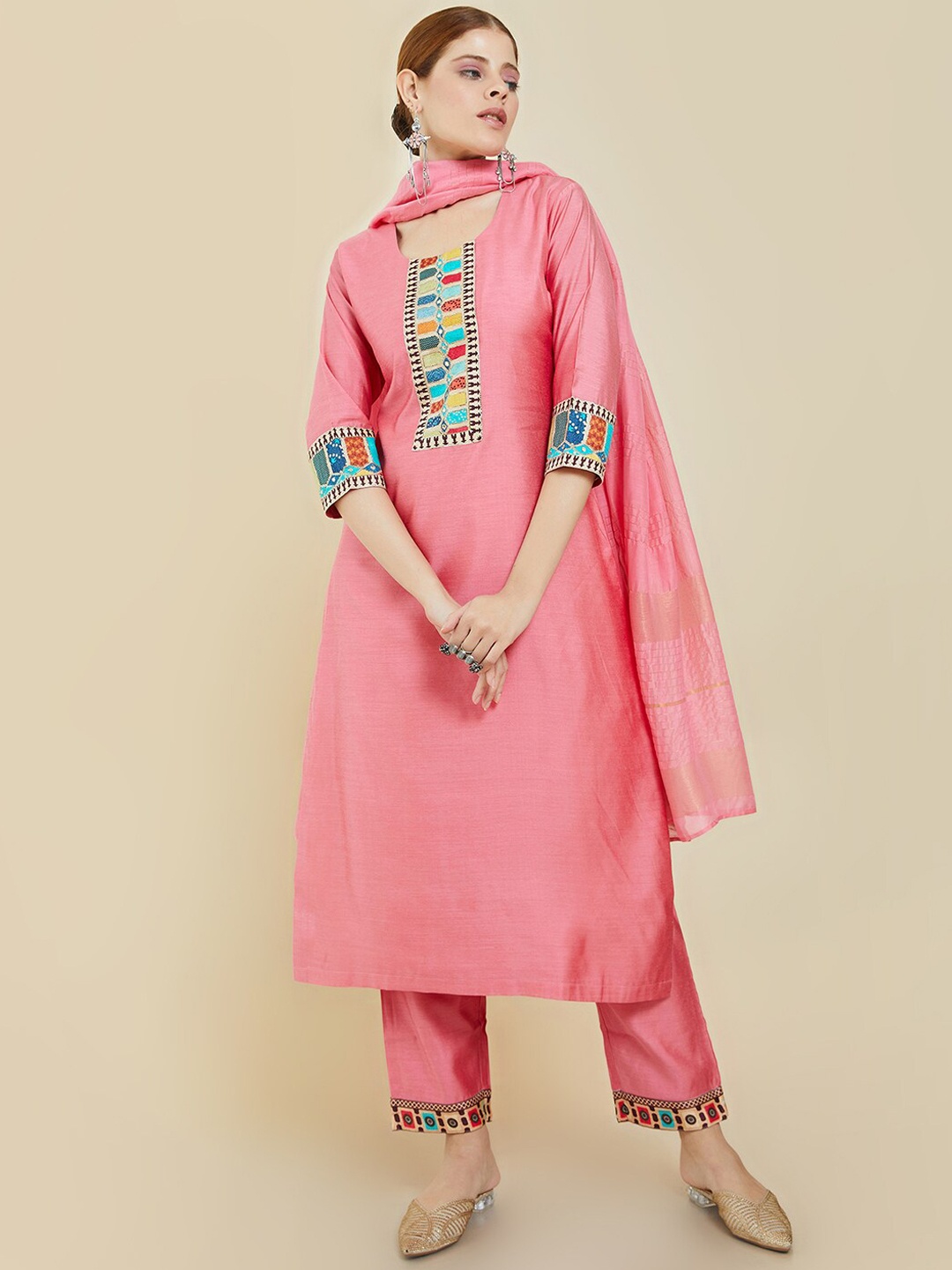 

Soch Women Pink Pure Silk Kurta With Trousers & Dupatta