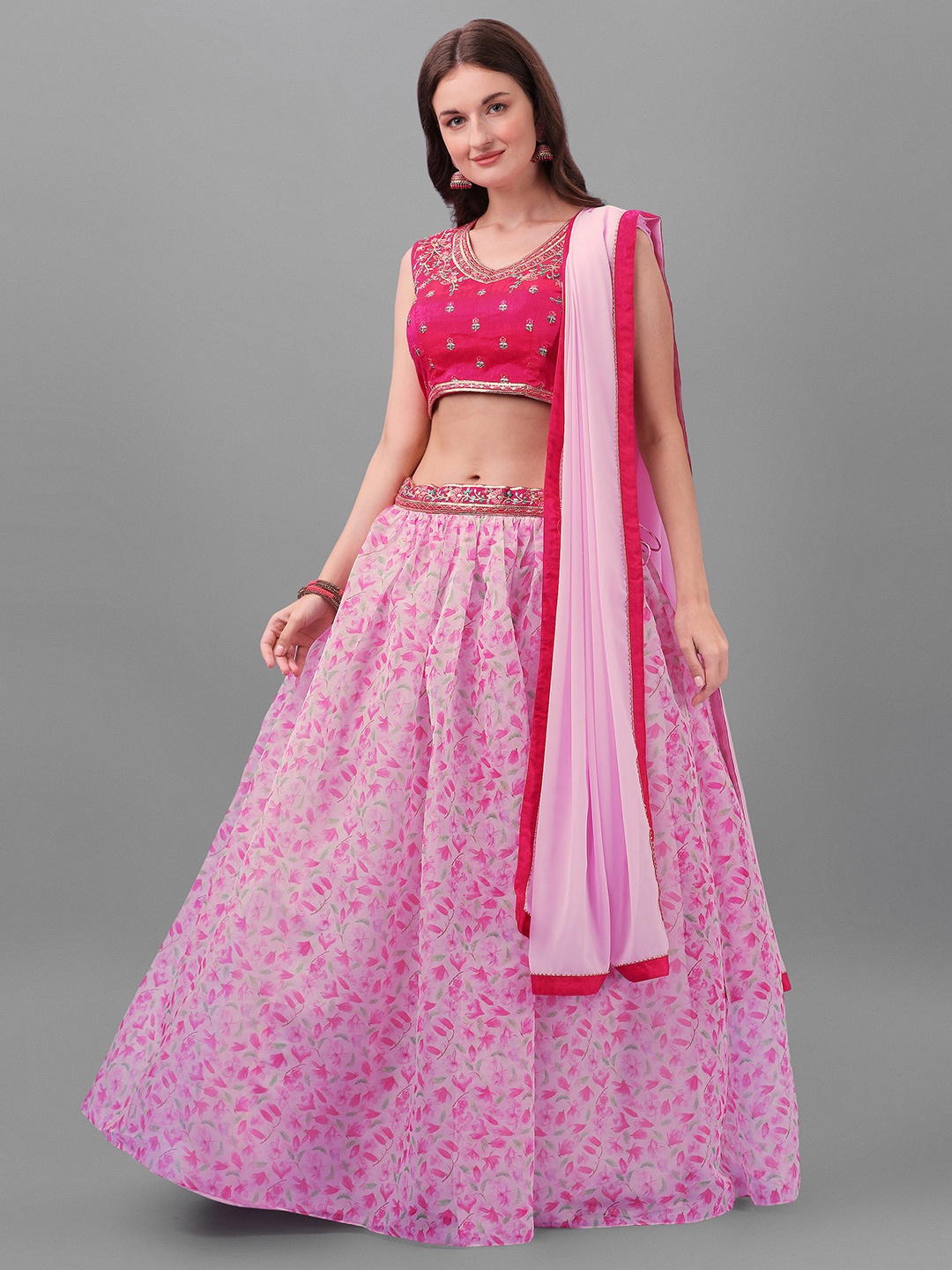

ASPORA Pink & Grey Embroidered Semi-Stitched Lehenga & Unstitched Blouse With Dupatta