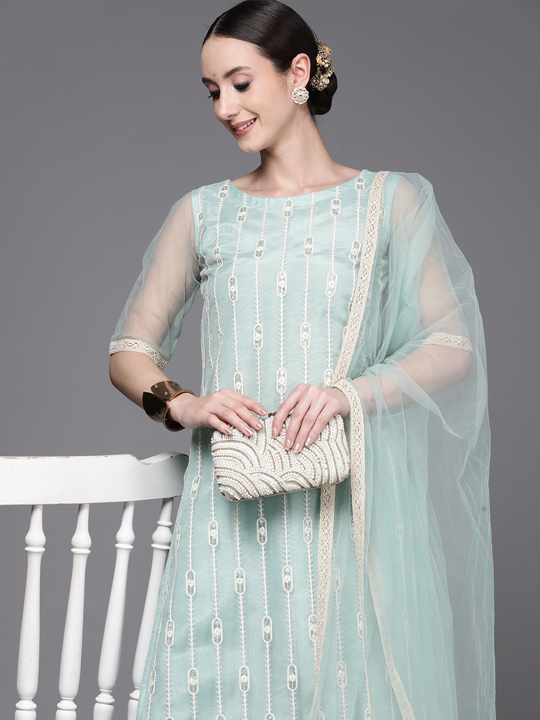 

Indo Era Women Embroidered Thread Work Kurta with Trousers & With Dupatta, Blue