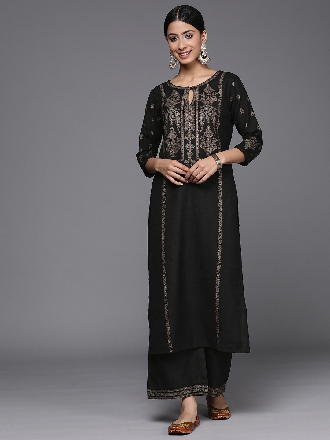 

Indo Era Women Ethnic Motifs Printed Kurta with Palazzos, Black