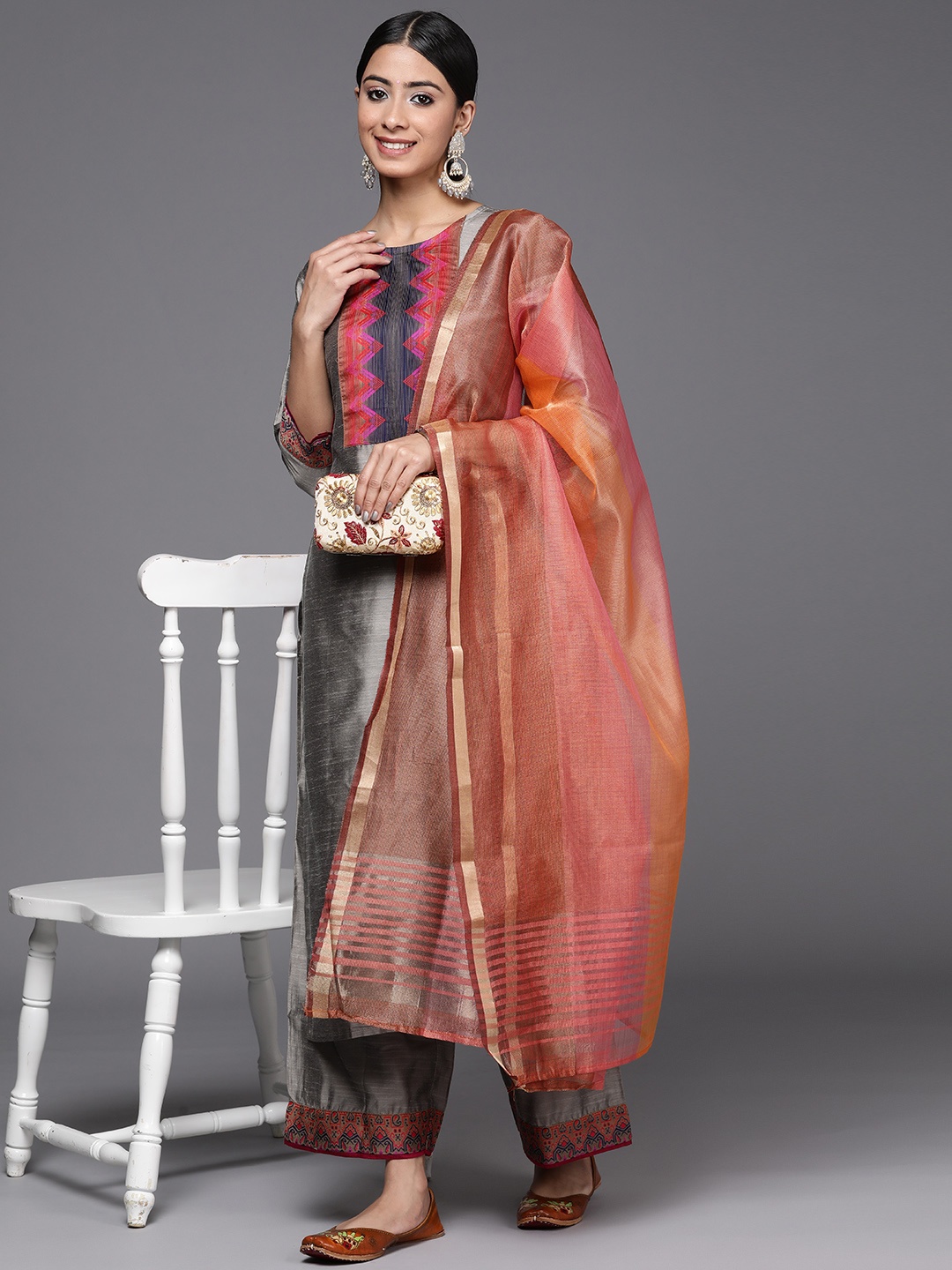 

Indo Era Women Yoke Design Kurta with Palazzos & Dupatta, Grey