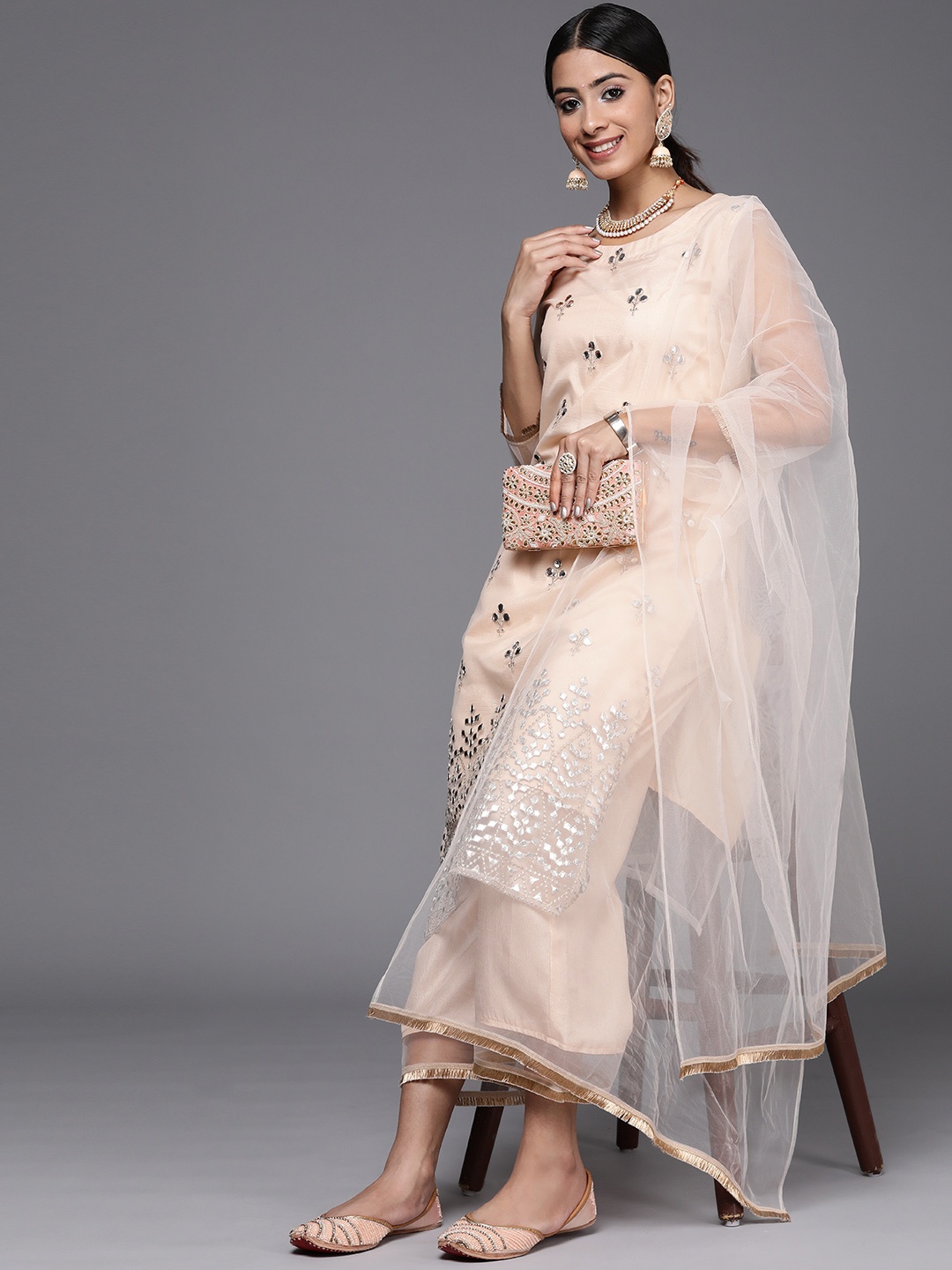 

Indo Era Women Embroidered Mirror Work Kurta with Palazzos & With Dupatta, Peach