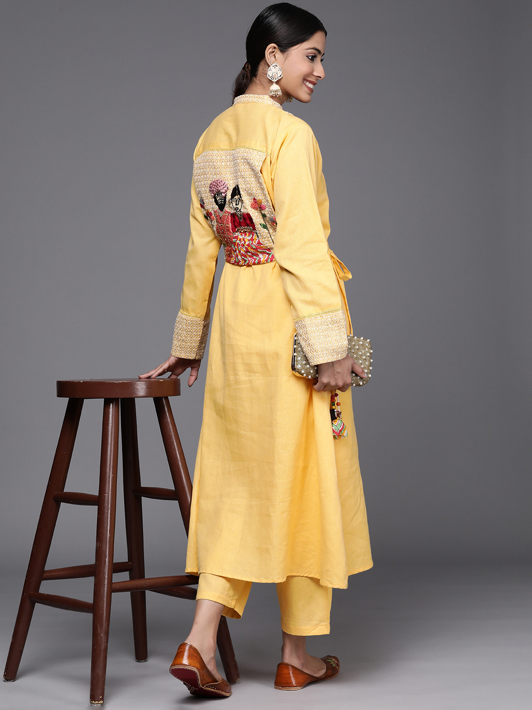 

Indo Era Women Embroidered Patchwork Kurta with Trousers, Yellow
