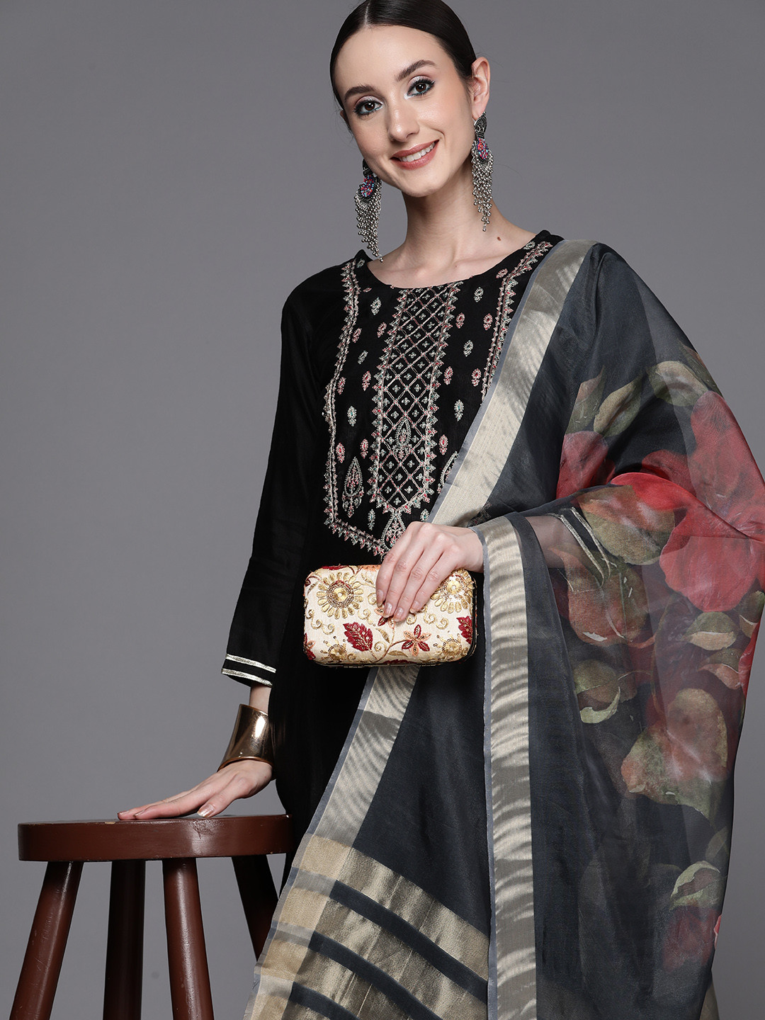 

Indo Era Women Ethnic Motifs Embroidered Liva Kurta with Trousers & Dupatta, Black