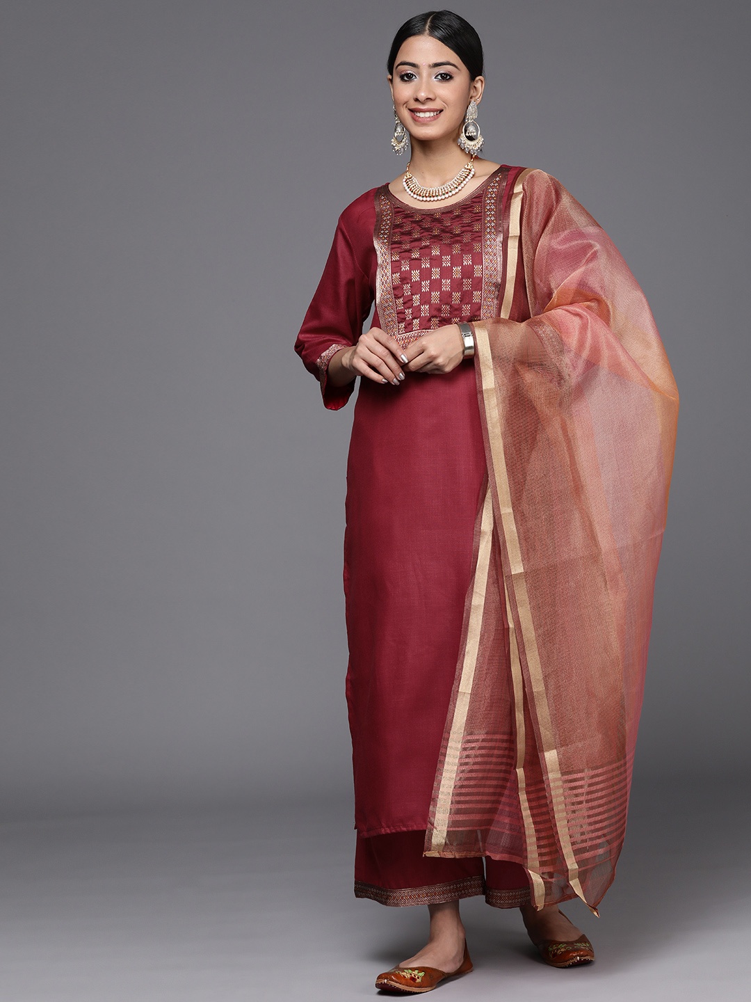 

Indo Era Women Embroidered Kurta with Palazzos & With Dupatta, Maroon