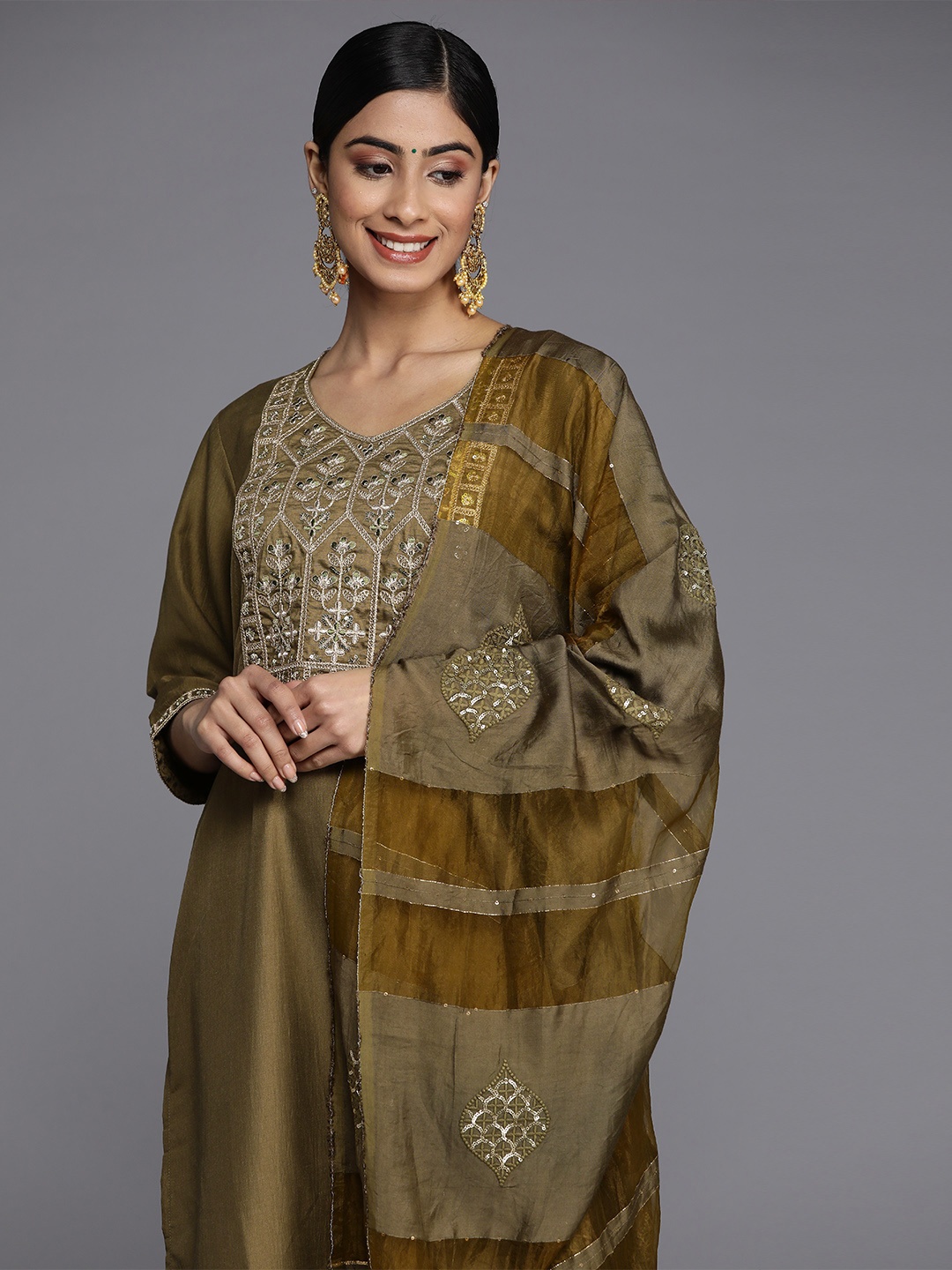 

Indo Era Embroidered Sequinned Kurta with Trousers & With Dupatta, Green