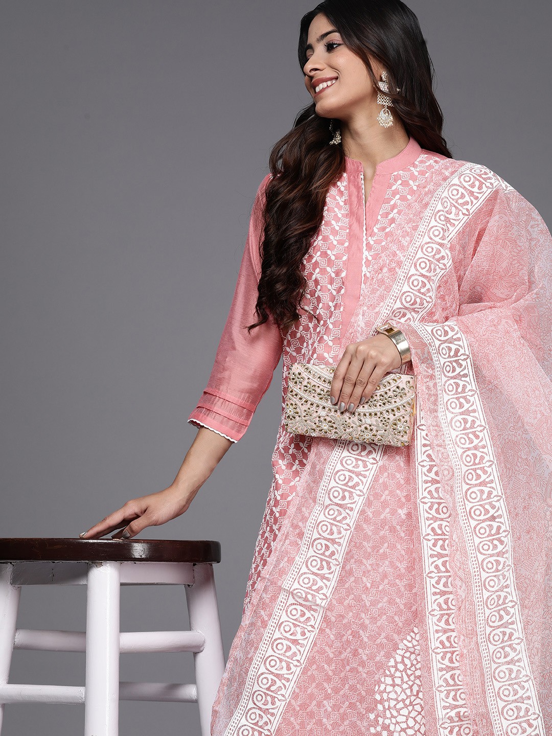 

Indo Era Women Pink & White Ethnic Motifs Embroidered Kurta with Palazzos & With Dupatta