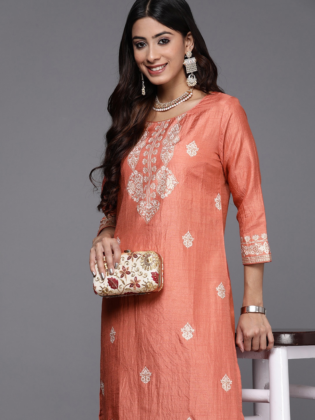 

Indo Era Women Coral Orange& Golden Ethnic Motifs Printed Kurta with Palazzos