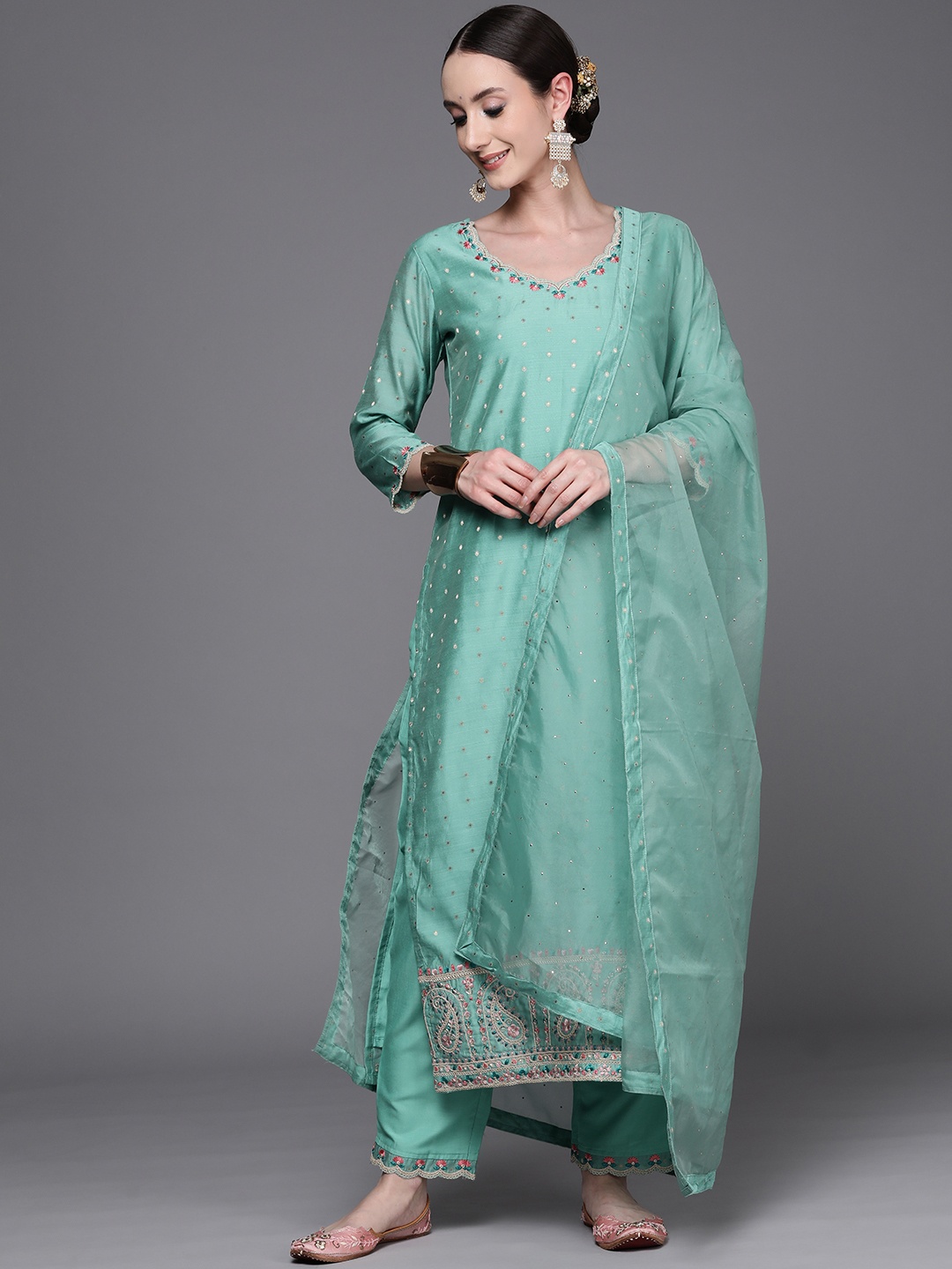 

Indo Era Women Blue Embroidered Thread Work Kurta with Trousers & With Dupatta