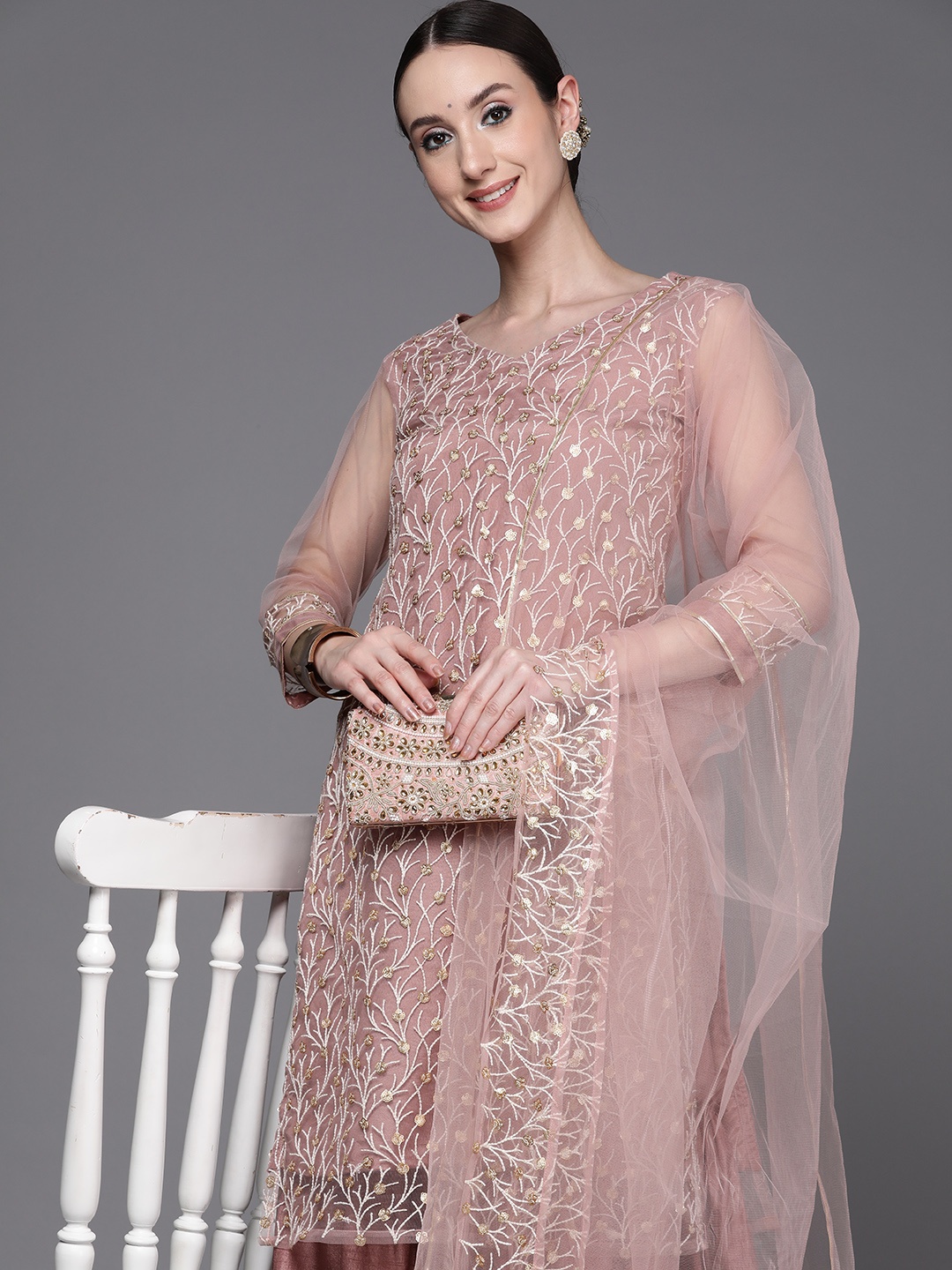

Indo Era Women Dusty Pink Floral Embroidered Thread Work Kurta with Sharara & With Dupatta, Rose