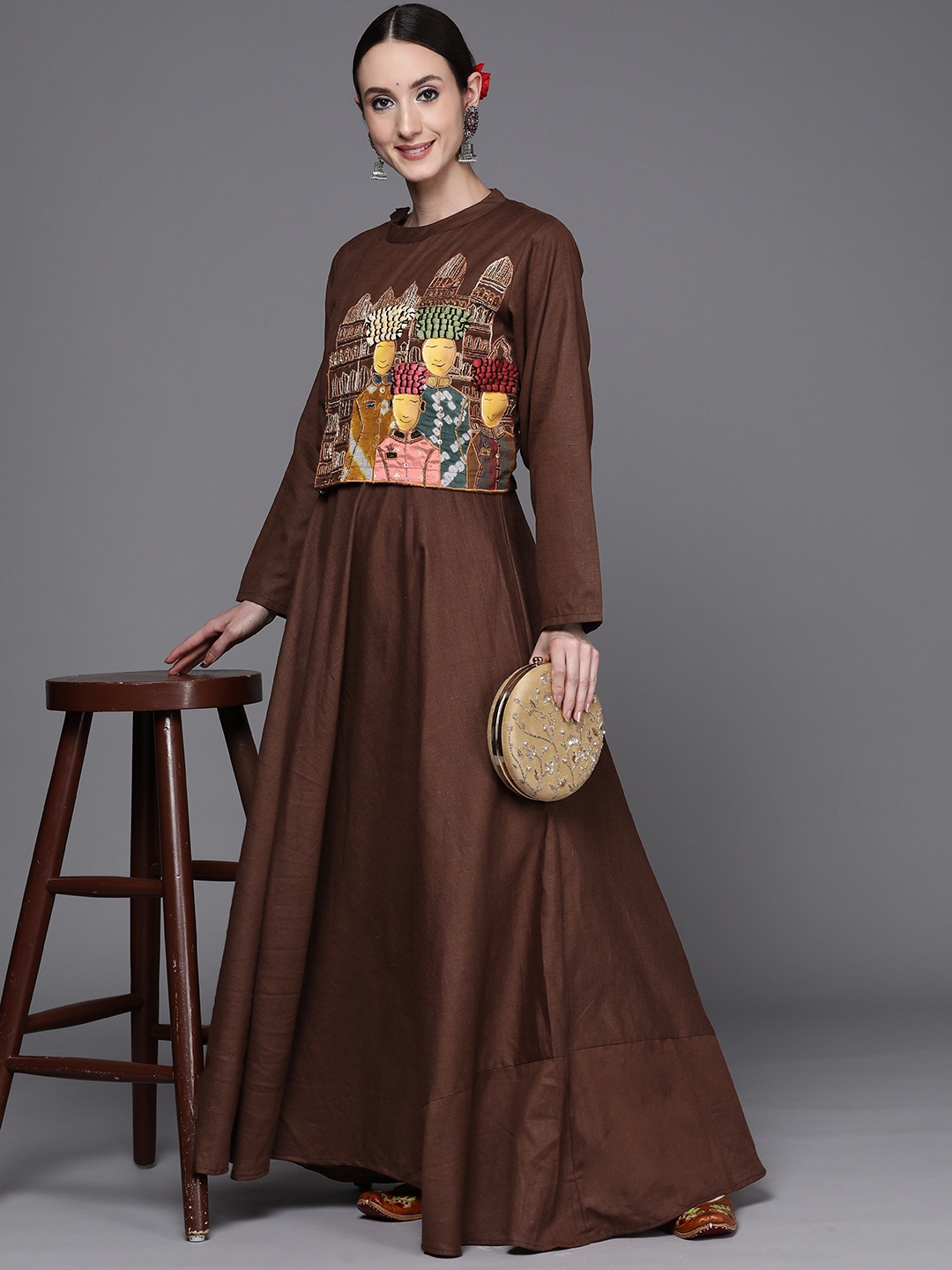 

Indo Era Women Embroidered A-Line Kurta, Brown