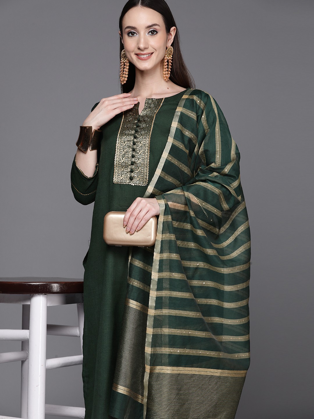 

Indo Era Women Yoke Design Kurta with Trousers & Dupatta, Green