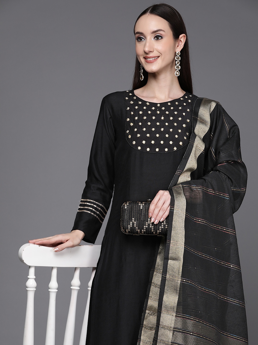 

Indo Era Women Yoke Design Thread Work Kurta with Trousers & With Dupatta, Black