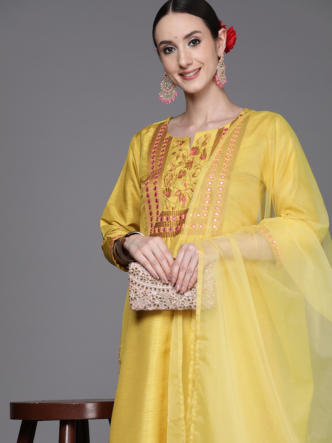 

Indo Era Women Embroidered Mirror Work Kurta with Trousers & Dupatta, Yellow