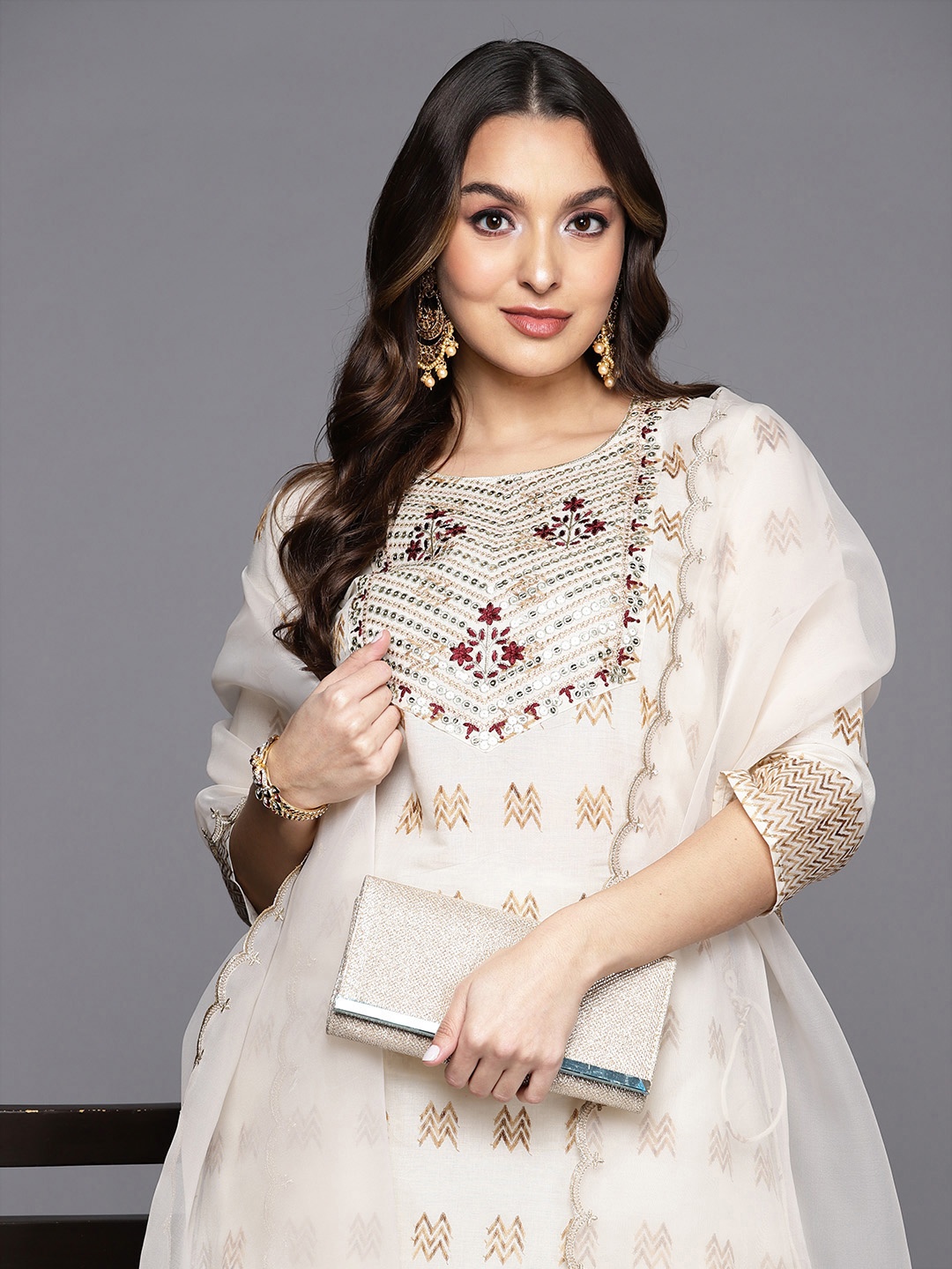 

Indo Era Women Off White Embroidered Sequinned Kurta with Sharara & With Dupatta