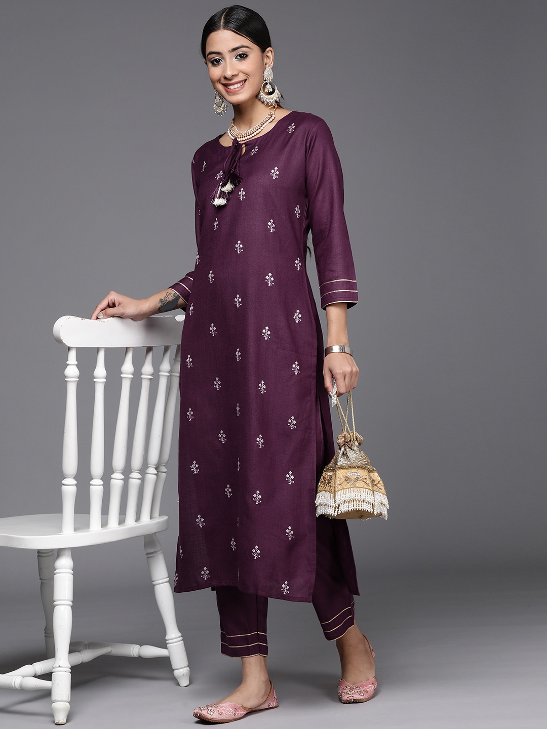 

Indo Era Women Floral Embroidered Sequinned Kurta with Trousers, Purple