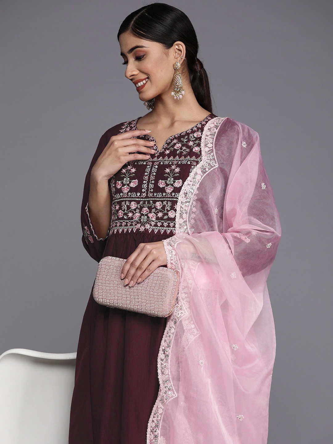 

Indo Era Embroidered Thread Work Kurta with Trousers & With Dupatta, Burgundy