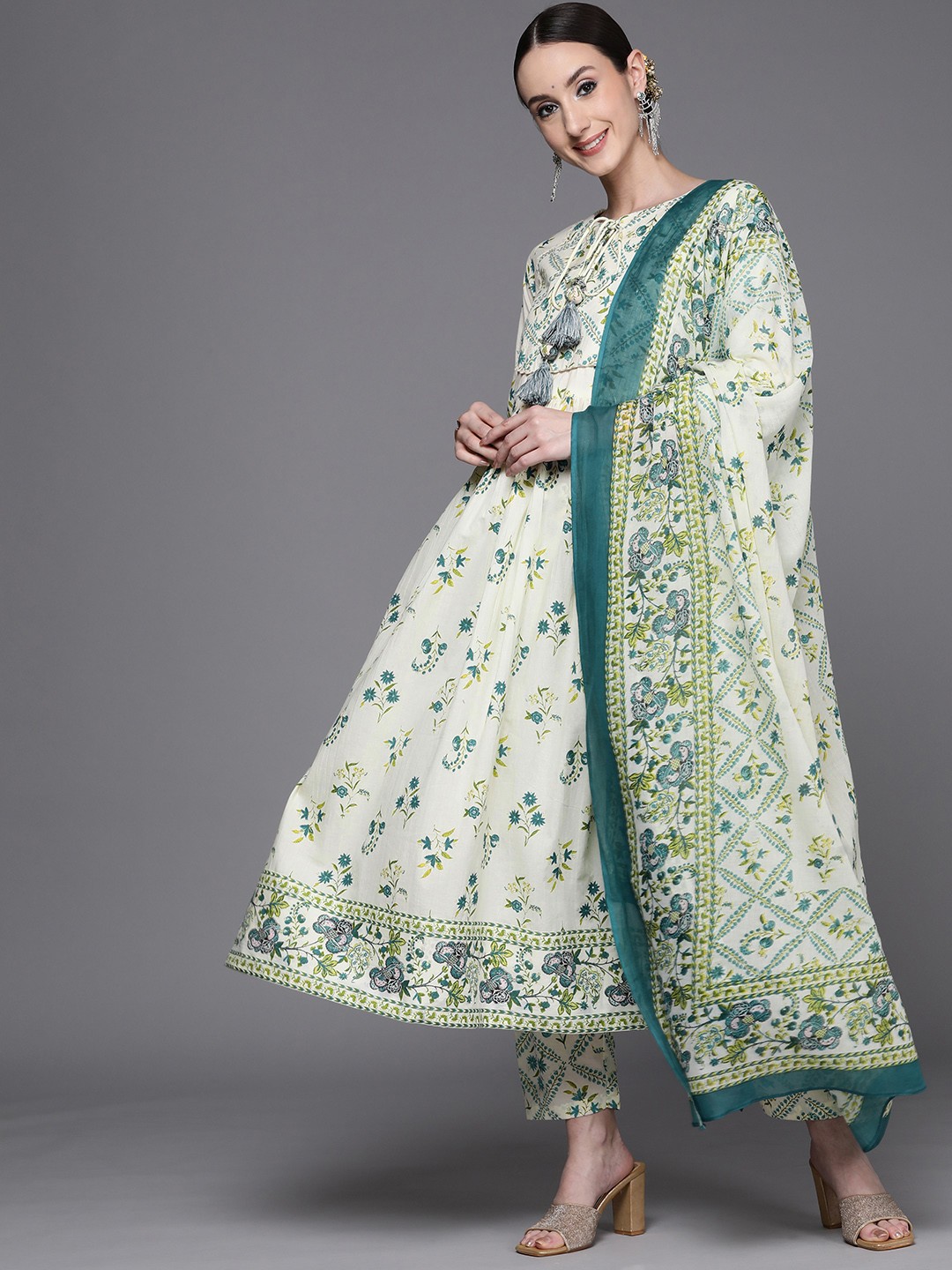

Indo Era Women Floral Printed Pleated Kurta with Trousers & With Dupatta, Off white