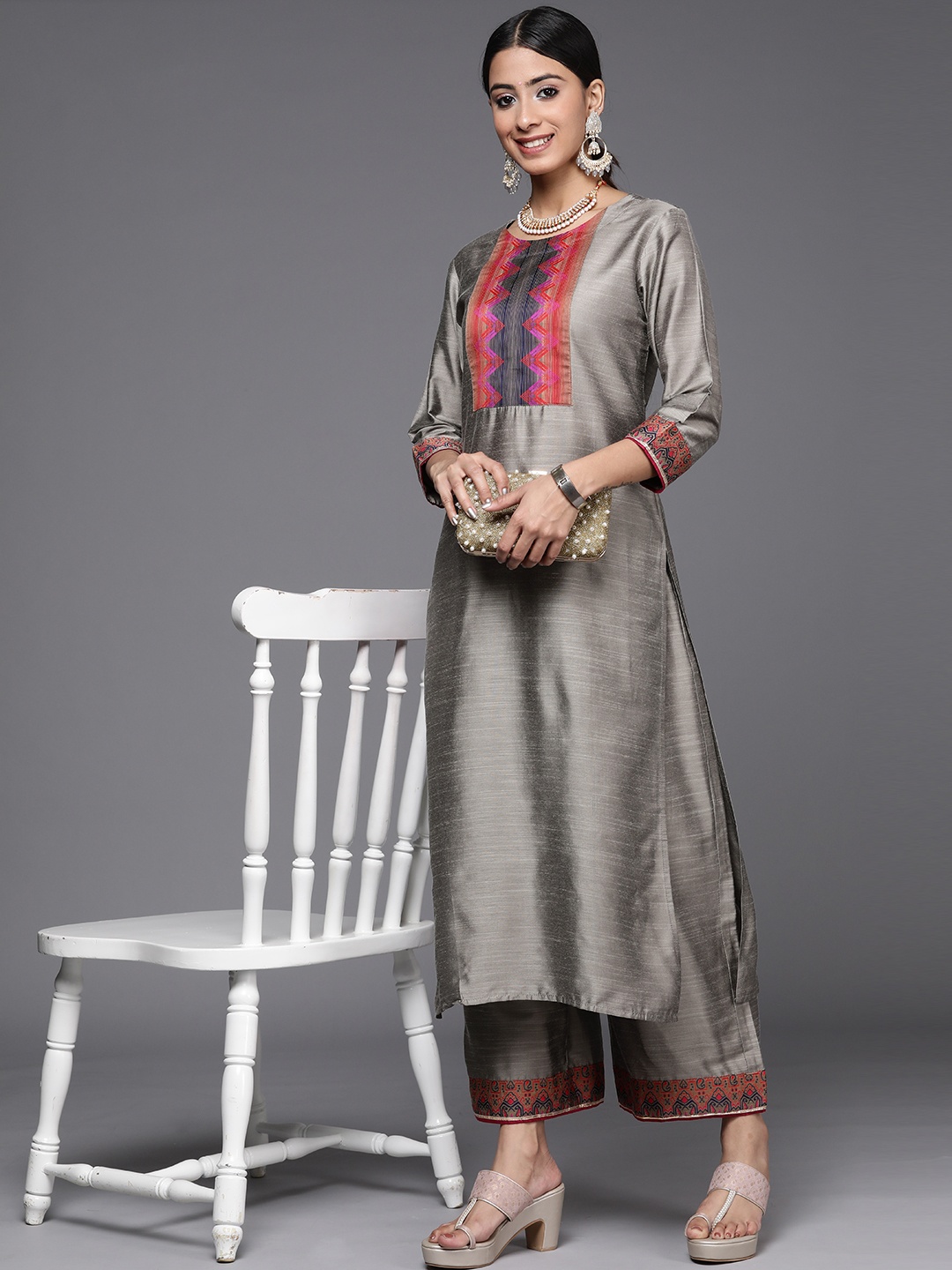 

Indo Era Women Yoke Design Kurta with Palazzos, Grey