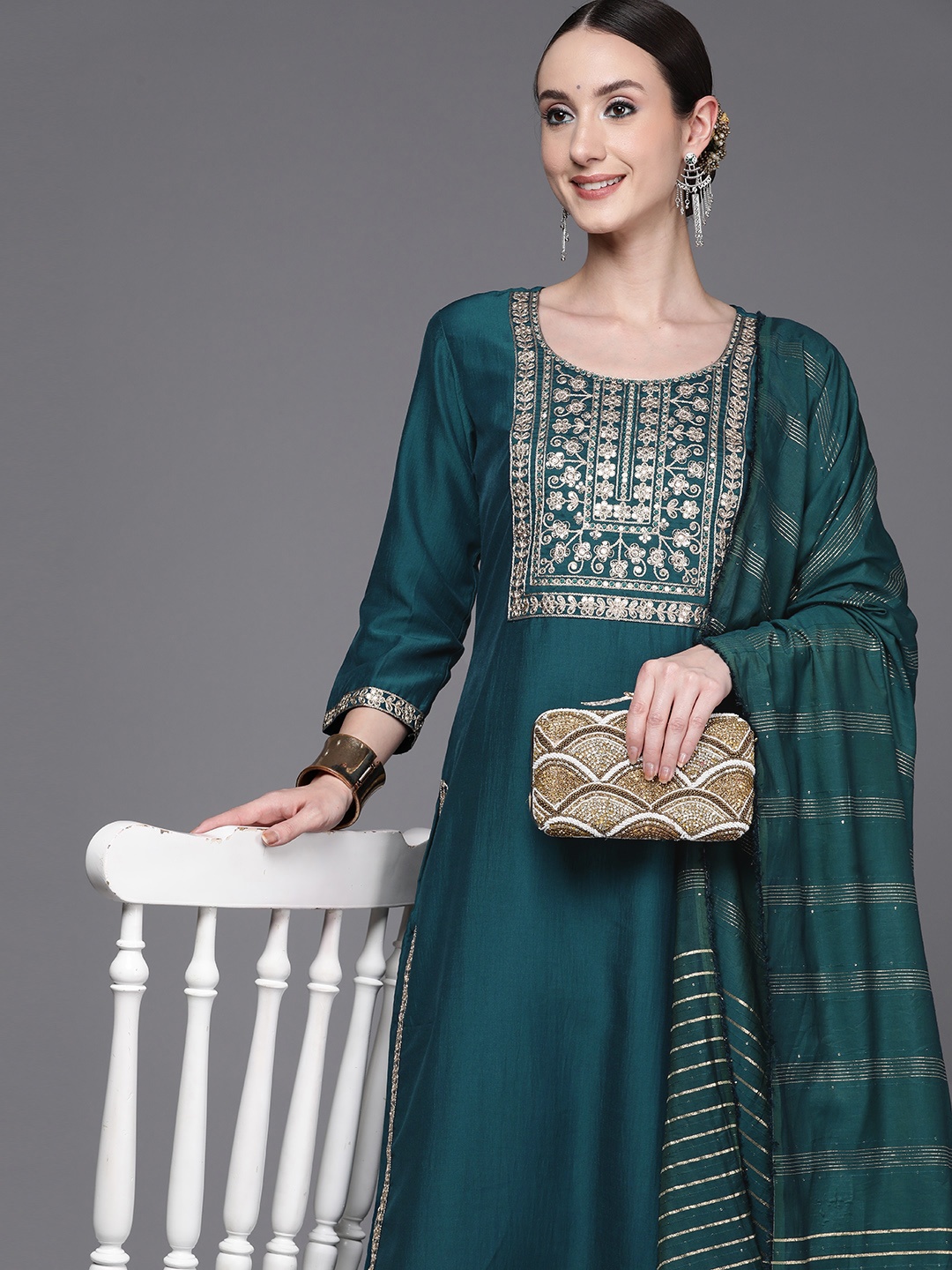 

Indo Era Women Embroidered Sequinned Kurta with Palazzos & With Dupatta, Teal