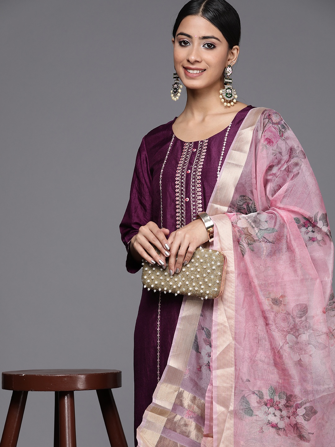 

Indo Era Women Purple Ethnic Motifs Embroidered Kurta with Palazzos & With Dupatta