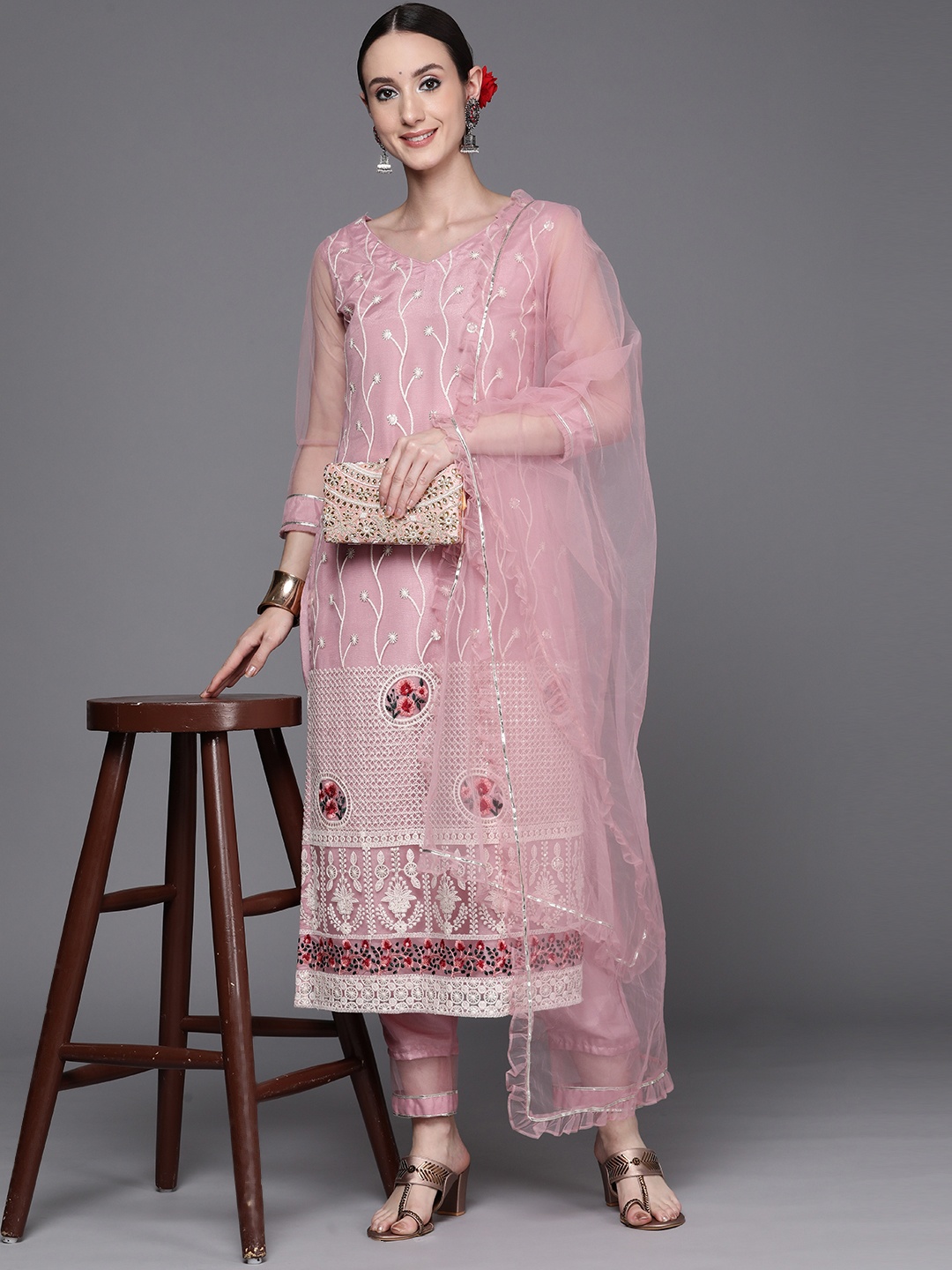 

Indo Era Women Pink Floral Embroidered Thread Work Kurta with Trousers & With Dupatta