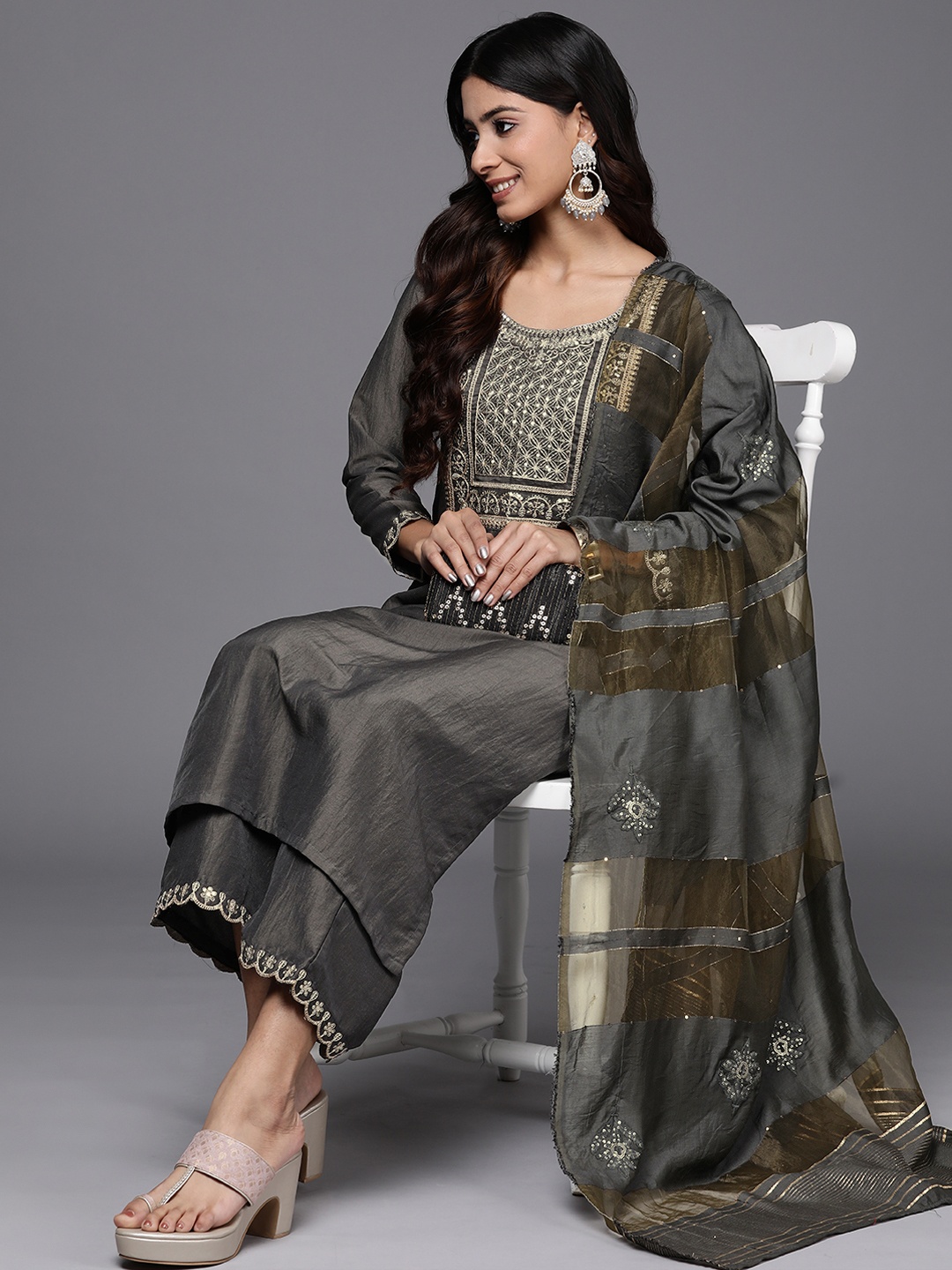 

Indo Era Women Grey Yoke Design Sequinned Kurta with Palazzos & With Dupatta