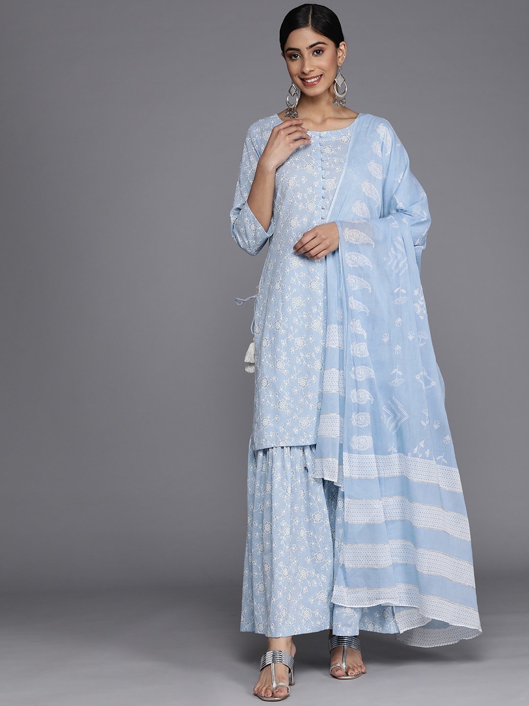 

Indo Era Women Floral Printed Kurta with Sharara & With Dupatta, Blue