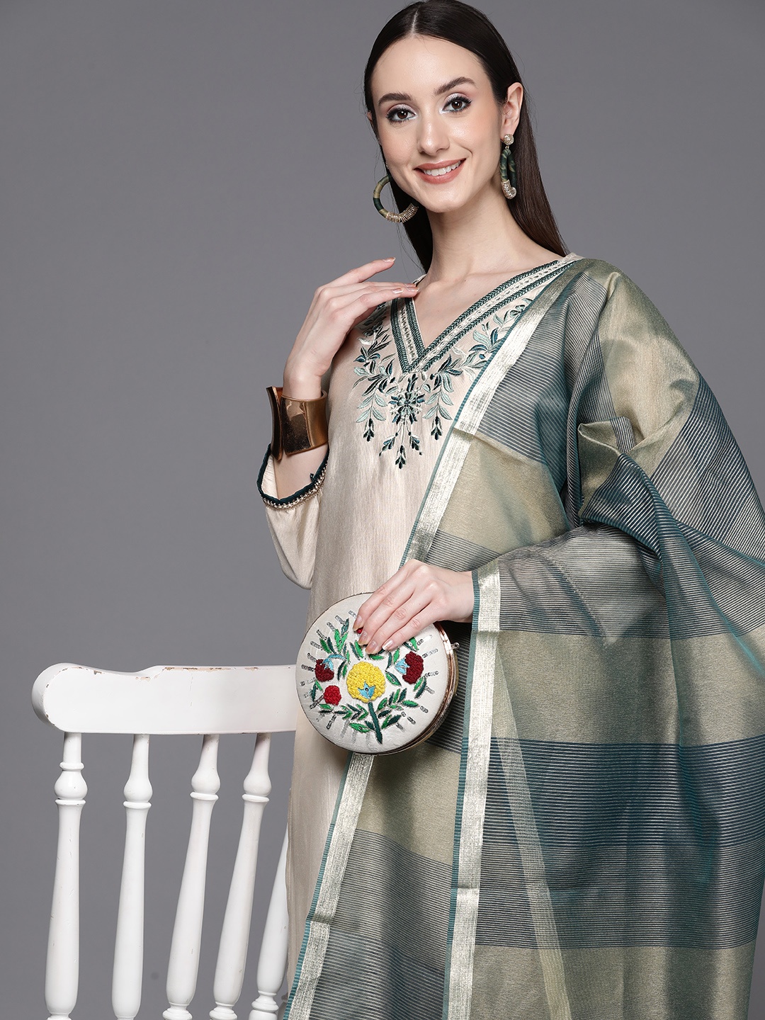 

Indo Era Women Beige Floral Embroidered Liva Kurta with Palazzos & With Dupatta