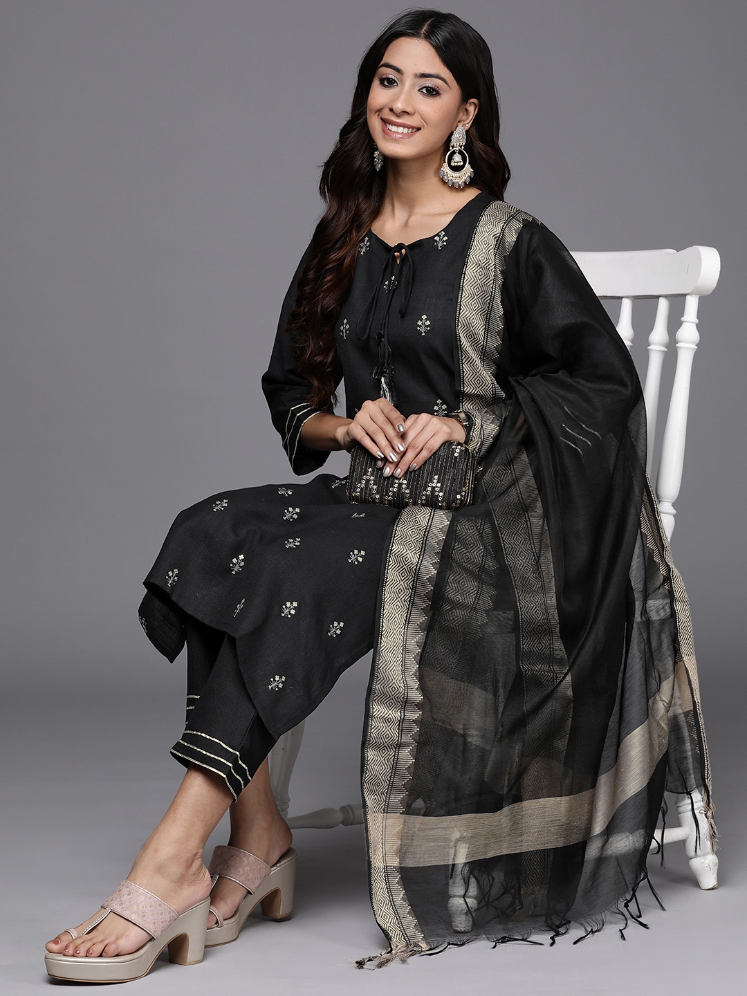 

Indo Era Women Black Floral Embroidered & Sequined Kurta with Palazzos & With Dupatta