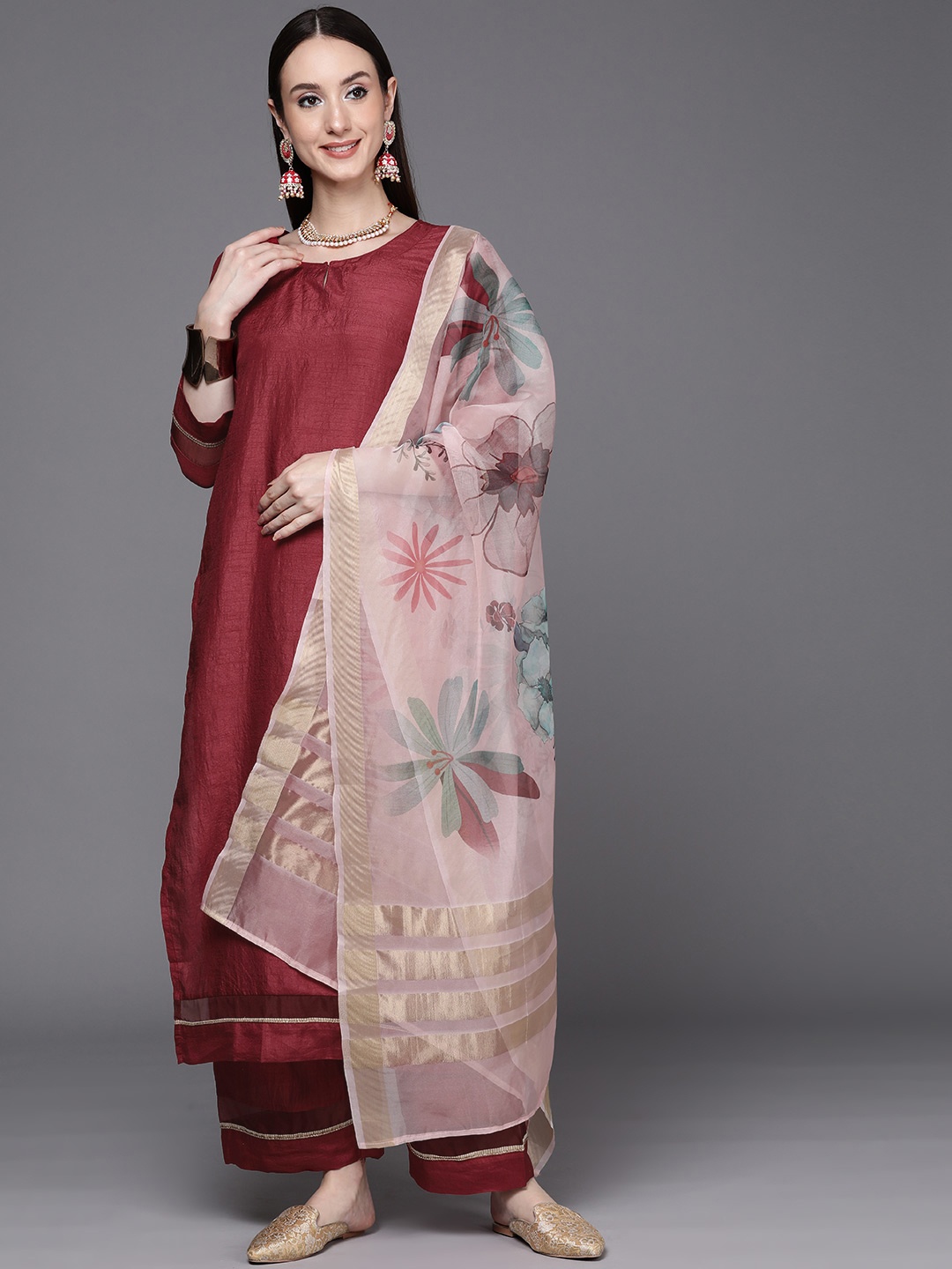 

Indo Era Women Maroon Kurta with Trousers & With Dupatta
