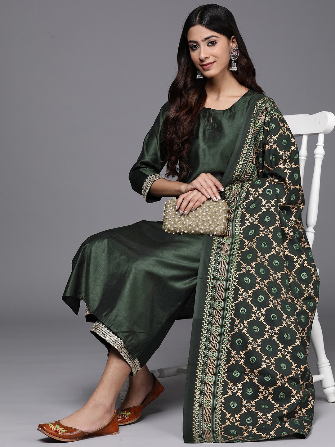 

Indo Era Women Green Embroidered Sequinned Liva Kurta with Palazzos & With Dupatta