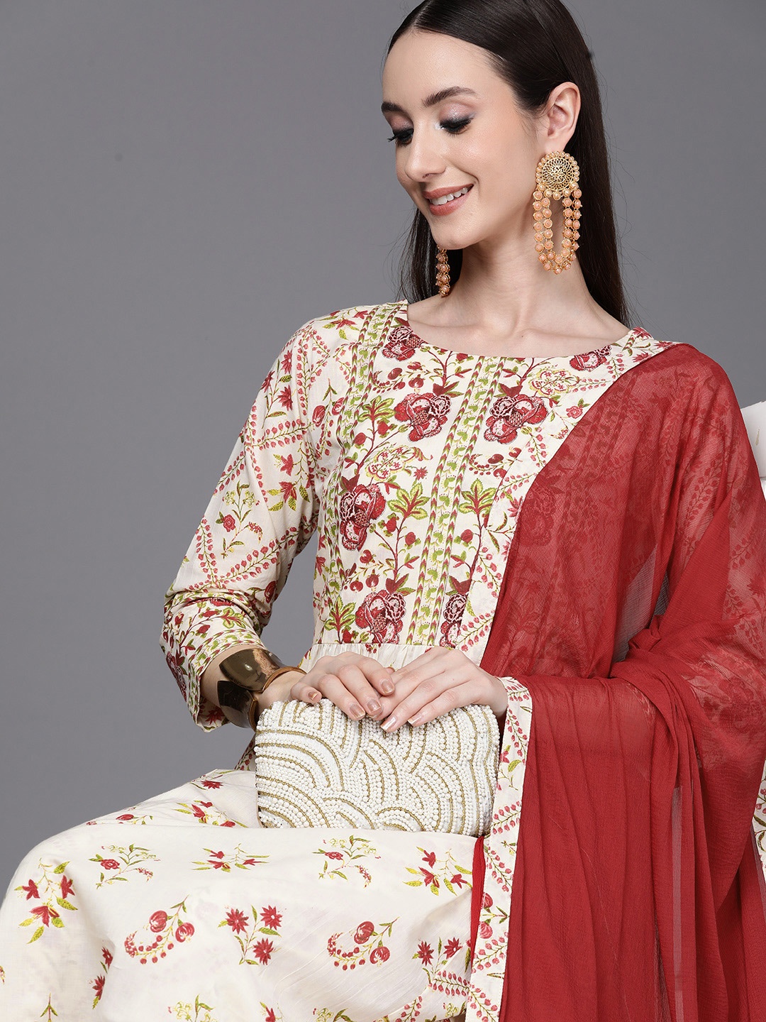 

Indo Era Women Off White Floral Printed Empire Kurta with Trousers & With Dupatta