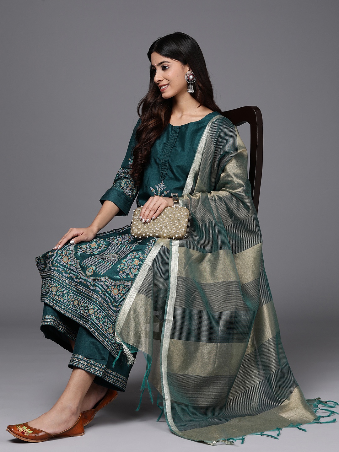 

Indo Era Women Teal Ethnic Motifs Printed Kurta with Palazzos & With Dupatta