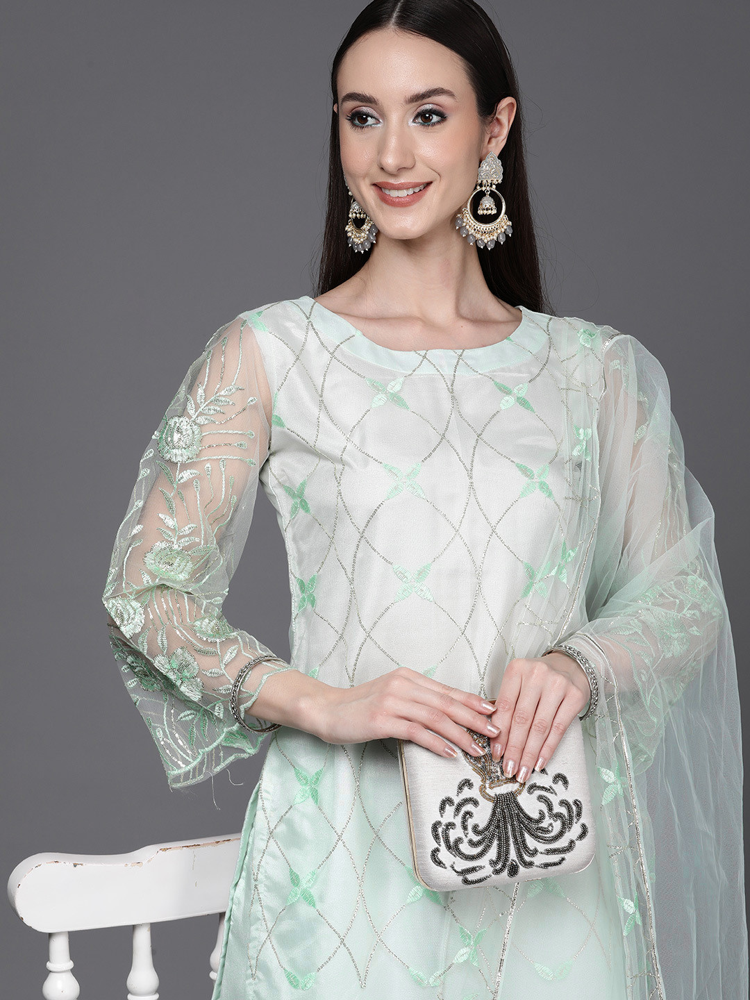 

Indo Era Women Sea Green Floral Embroidered Sequinned Kurta with Trousers & With Dupatta