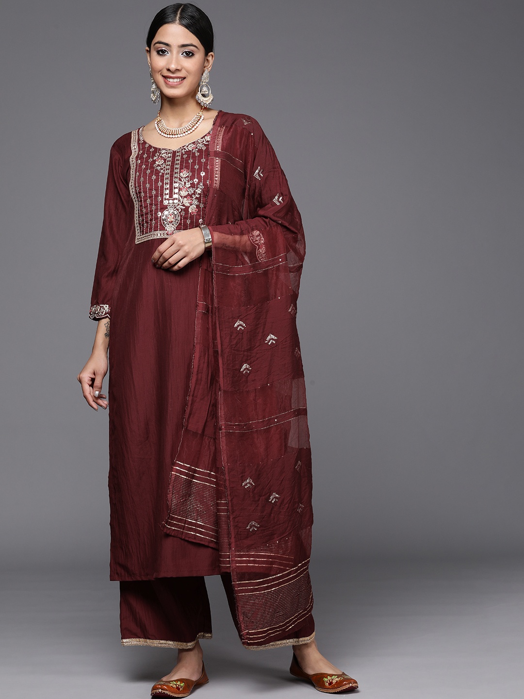 

Indo Era Women Embroidered Sequinned Kurta with Palazzos & With Dupatta, Maroon