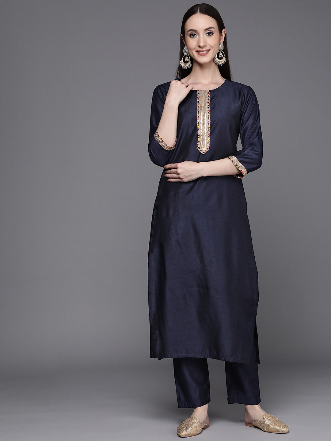 

Indo Era Women Sequinned Kurta with Trousers, Navy blue