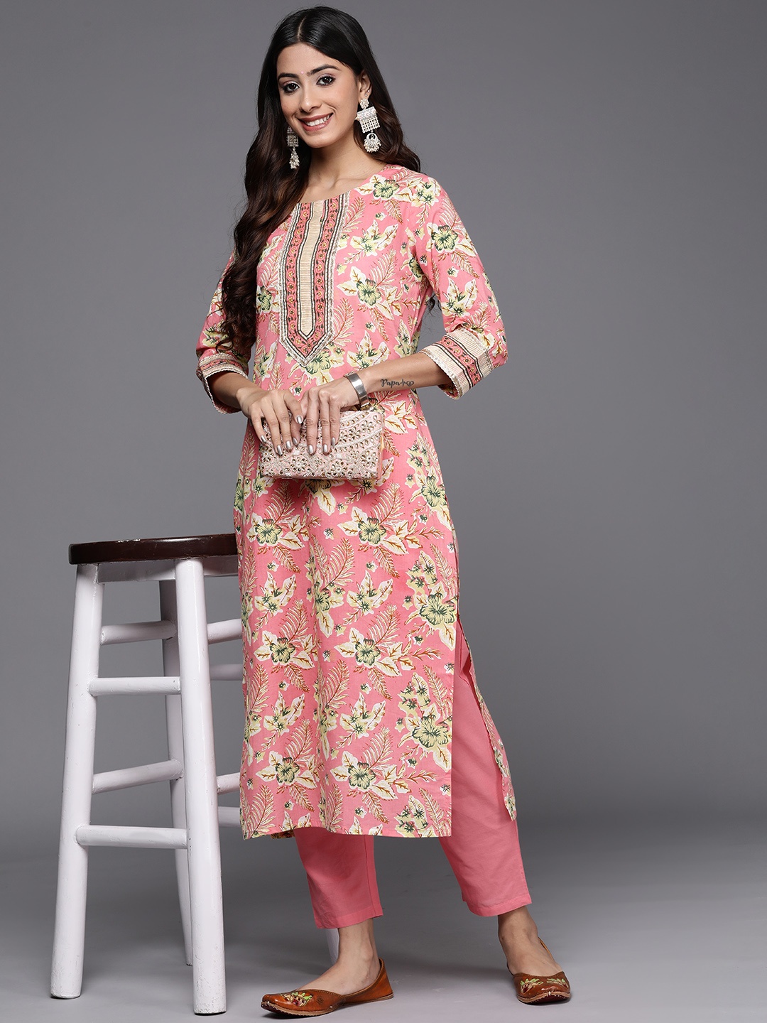 

Indo Era Women Floral Printed Gotta Patti Kurta with Trousers, Coral