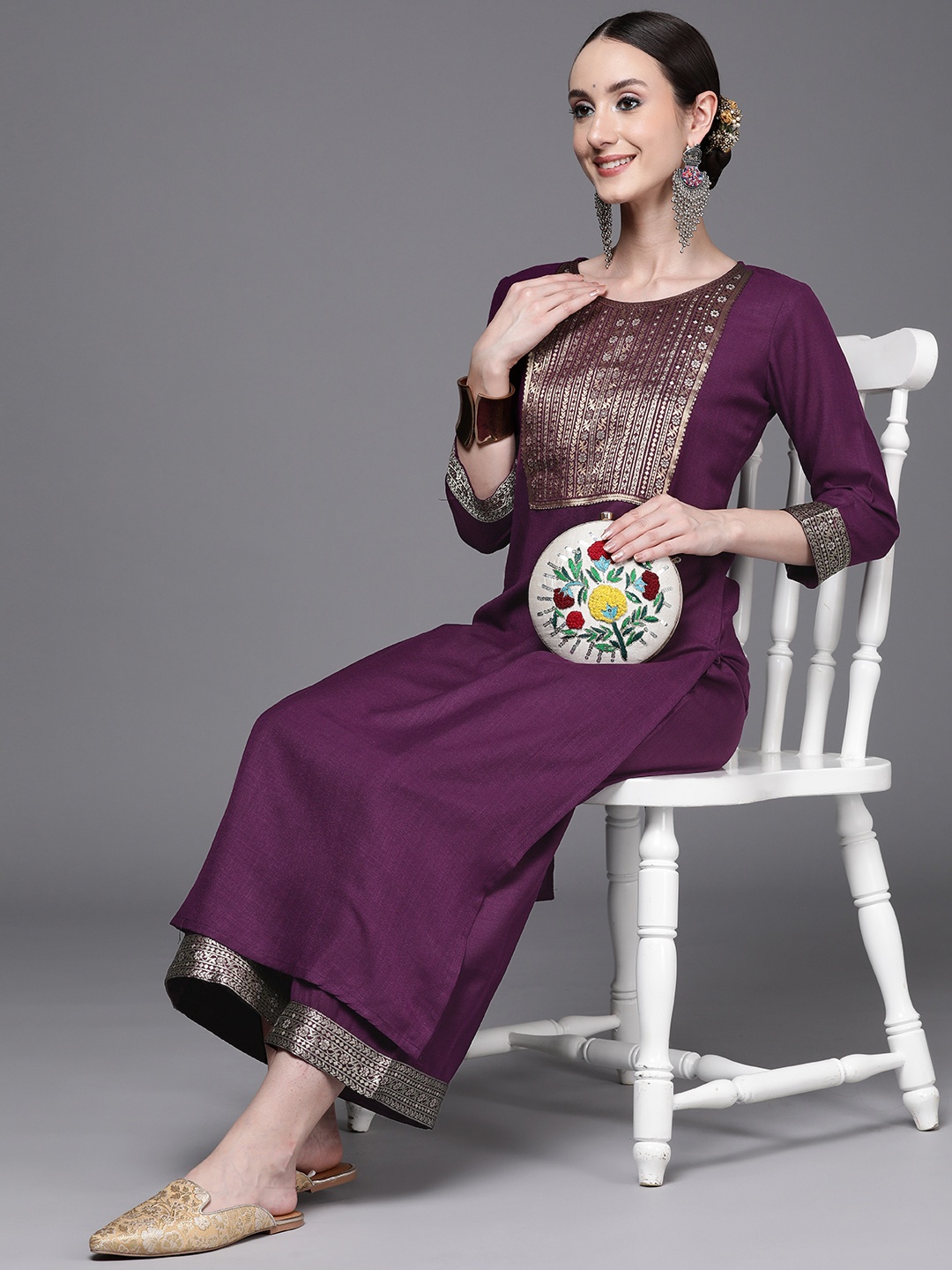 

Indo Era Women Purple Yoke Design Kurta with Palazzos