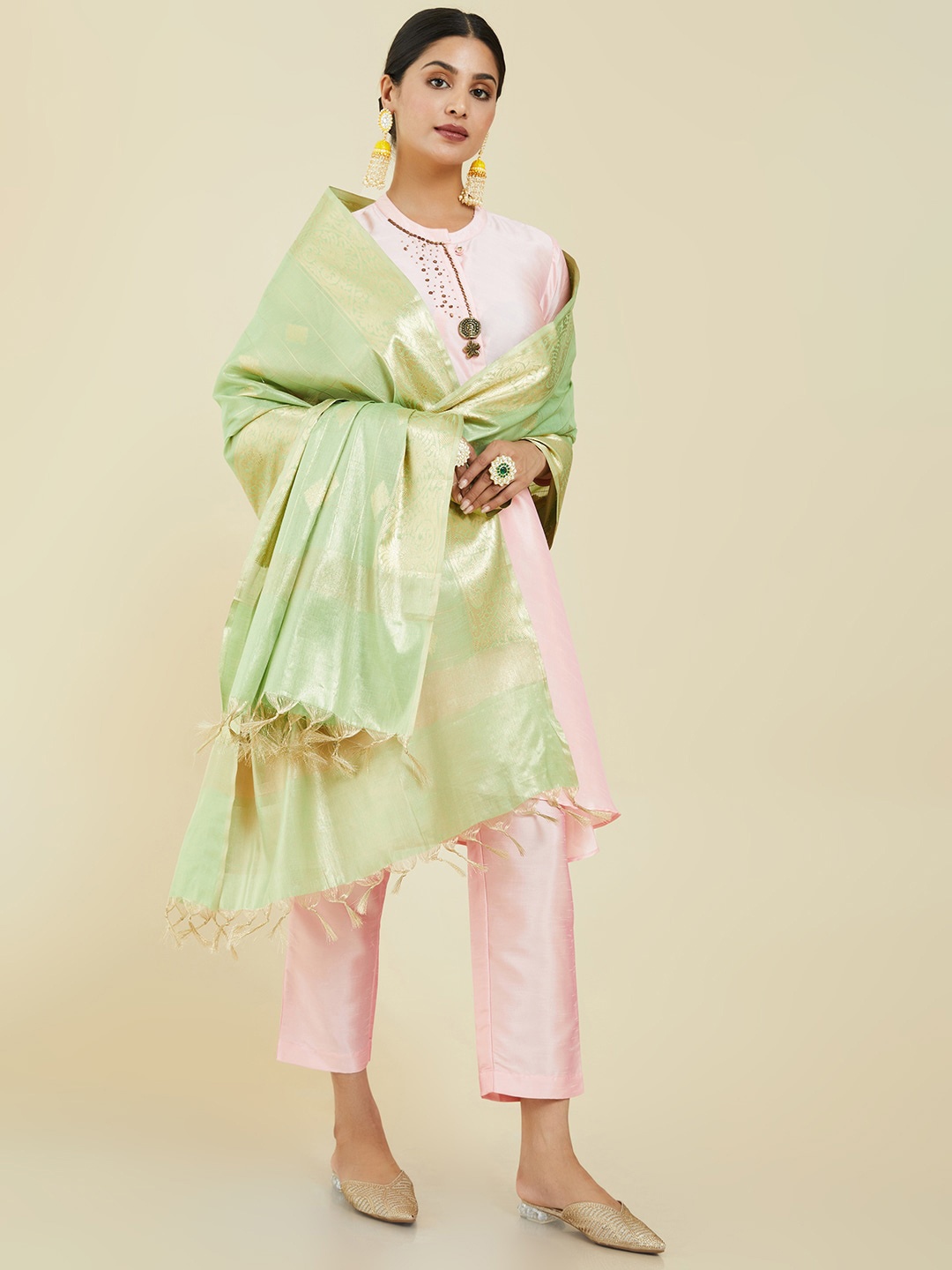 

Soch Green & Gold-Toned Ethnic Motifs Woven Design Dupatta