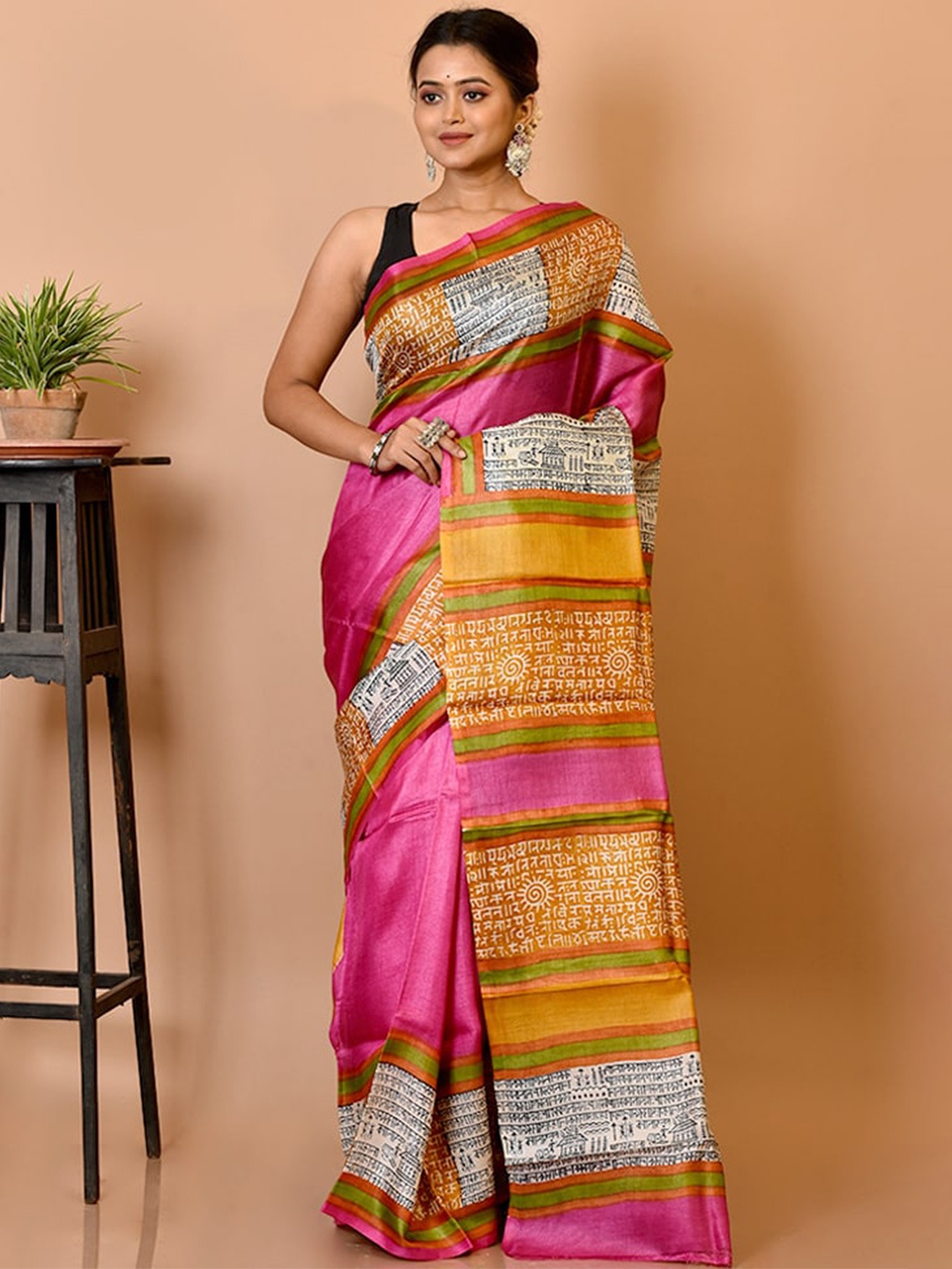 

AllSilks Pink & White Ethnic Motifs Silk Blend Tussar Saree