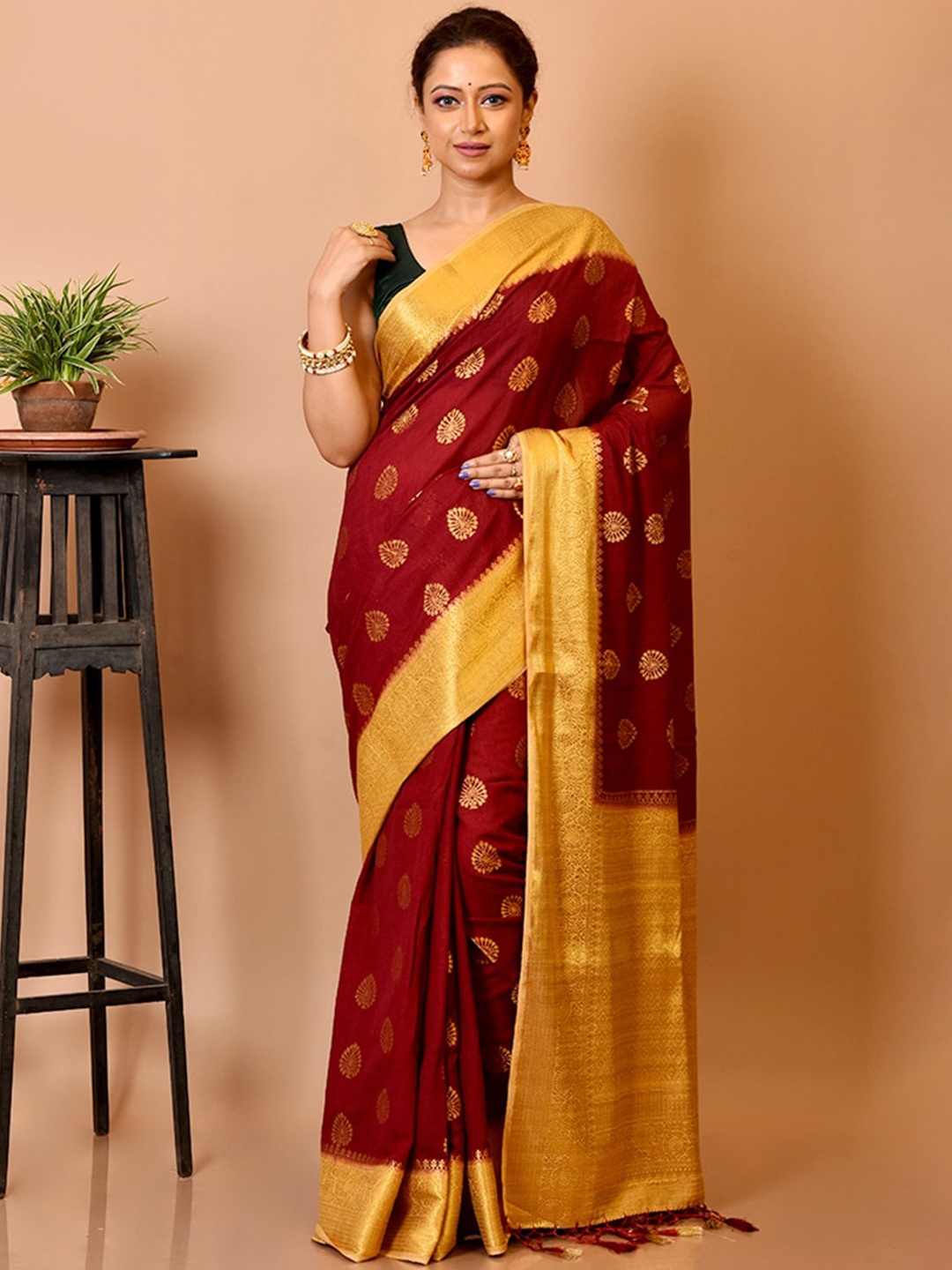 

AllSilks Maroon & Yellow Ethnic Motifs Silk Blend Saree