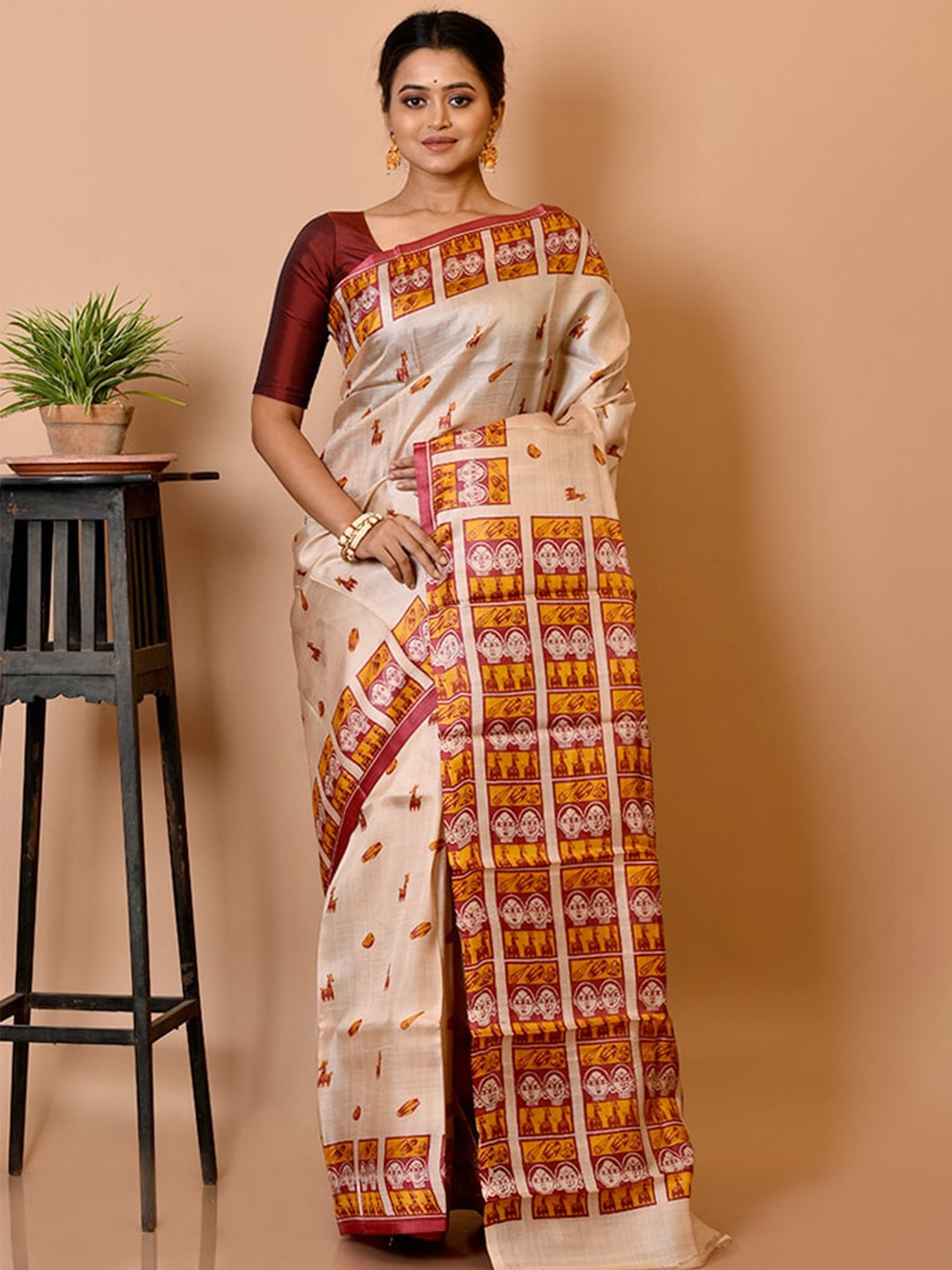 

AllSilks Cream-Coloured & Yellow Ethnic Motifs Silk Blend Tussar Saree
