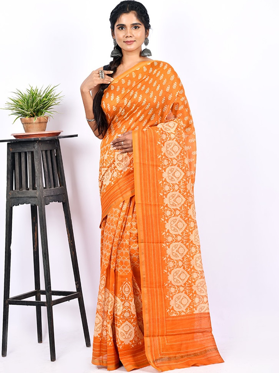

AllSilks Orange & White Floral Pure Cotton Saree