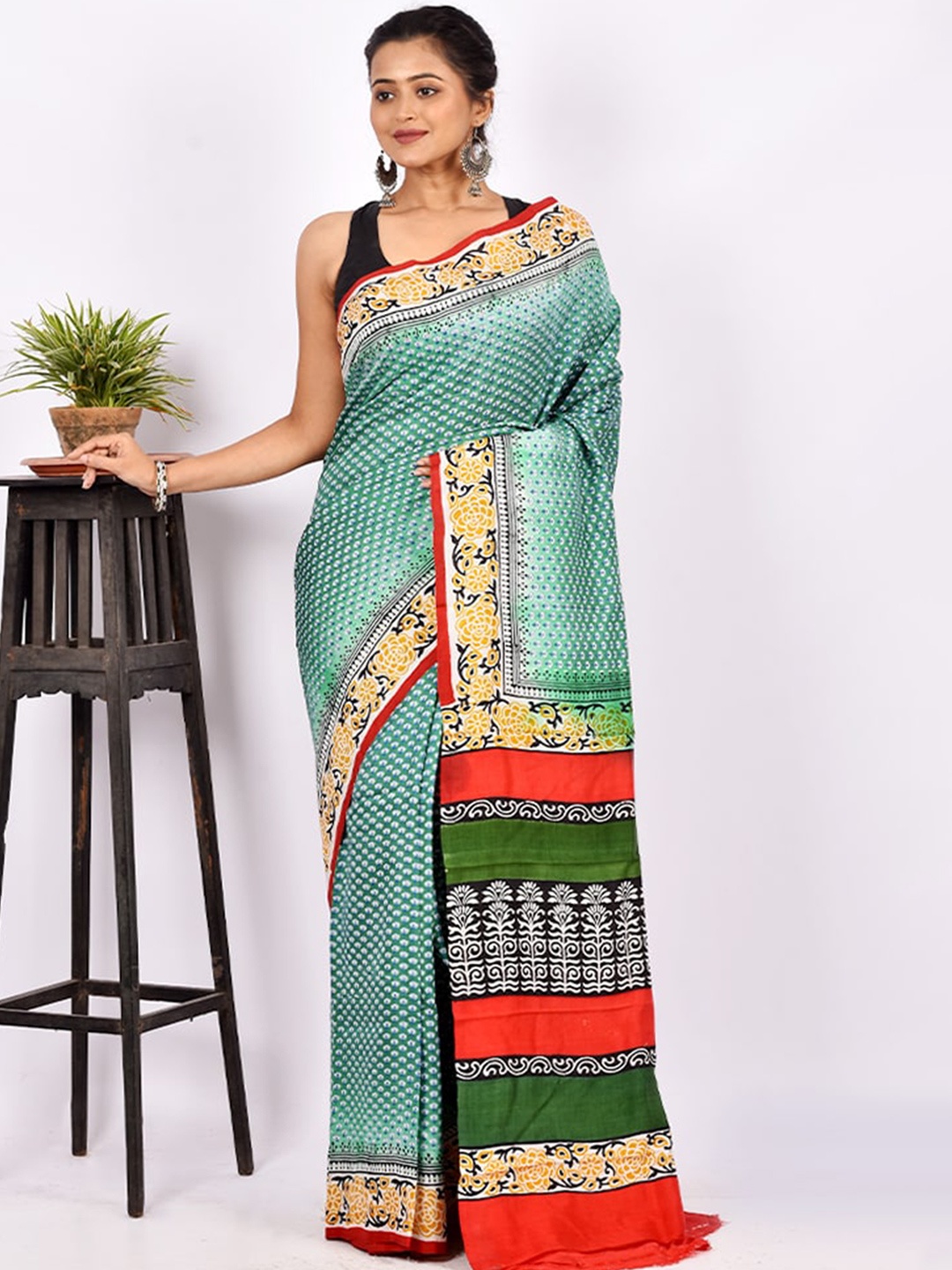 

AllSilks Teal & Red Floral Pure Silk Murshidabad silk Saree