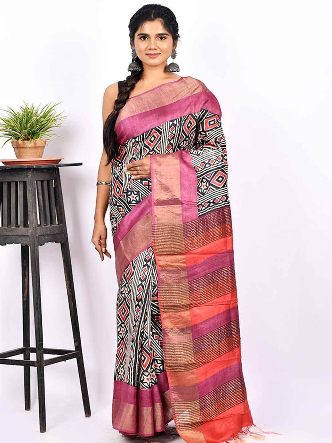 

AllSilks Black & Pink Zari Silk Blend Tussar Saree