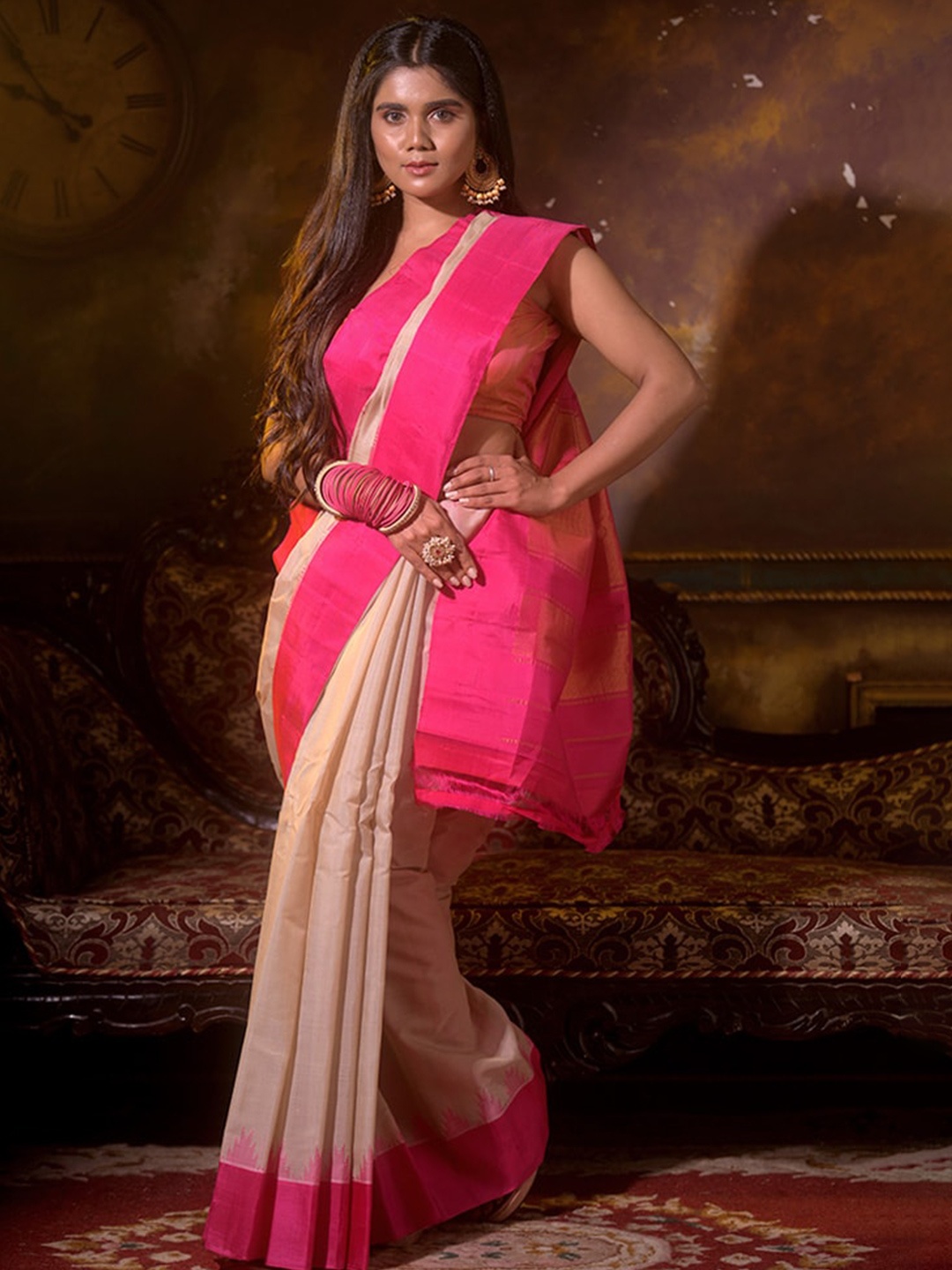 

AllSilks Cream-Coloured & Pink Zari Pure Silk Gadwal Saree